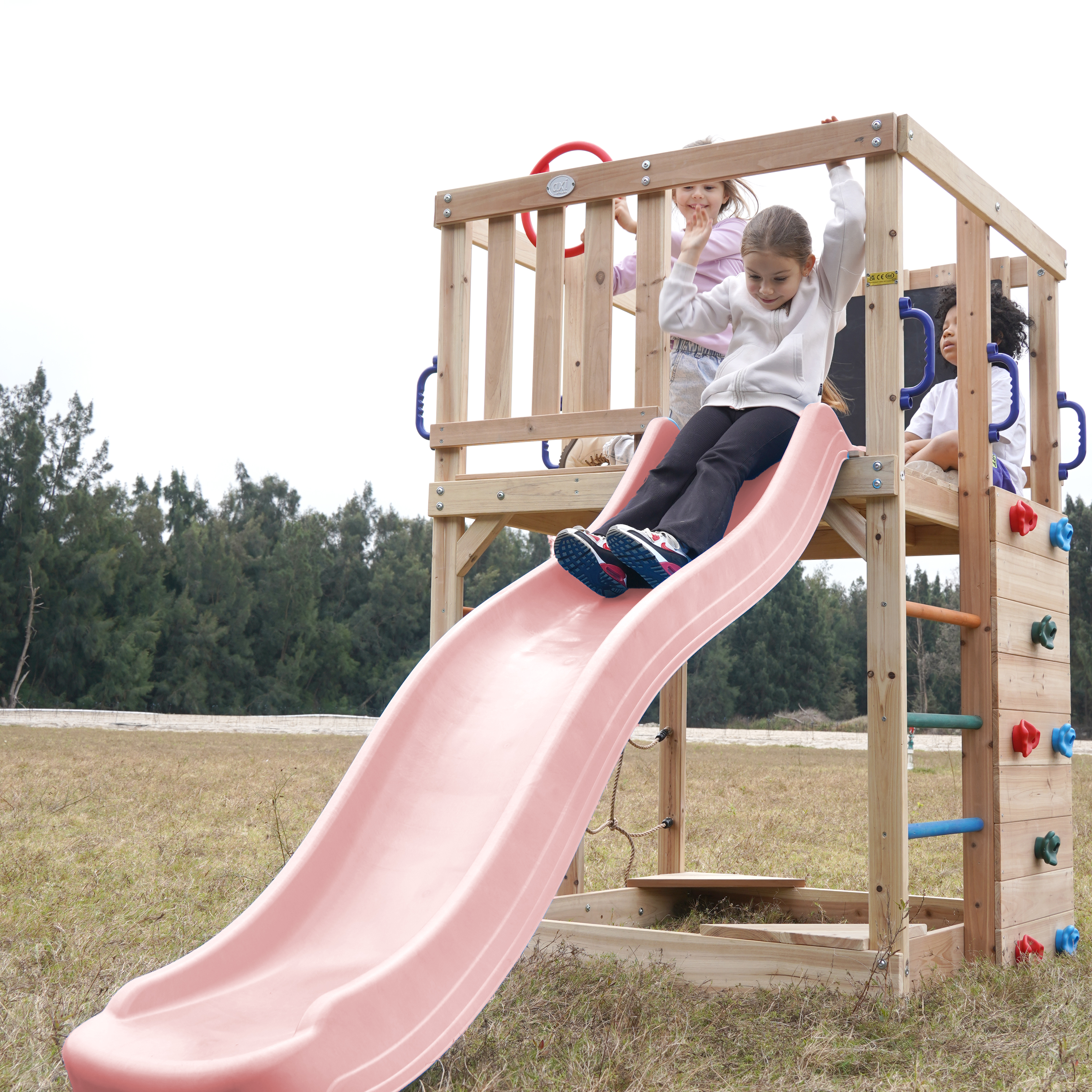 AXI Sam Climbing Frame with Climbing Wall. Climbing Net and Monkey Bars – Pastel Pink Slide