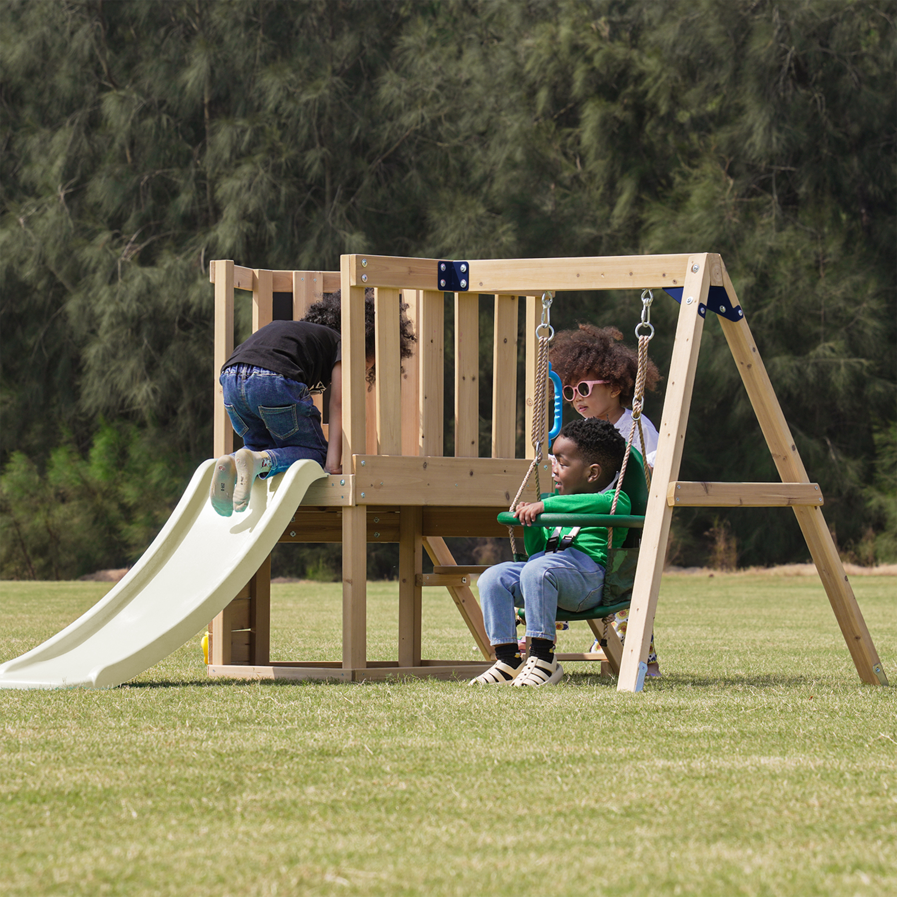 AXI Timo Mini Climbing Frame with Baby Swing. Climbing Wall and Chalkboard – Cream Slide