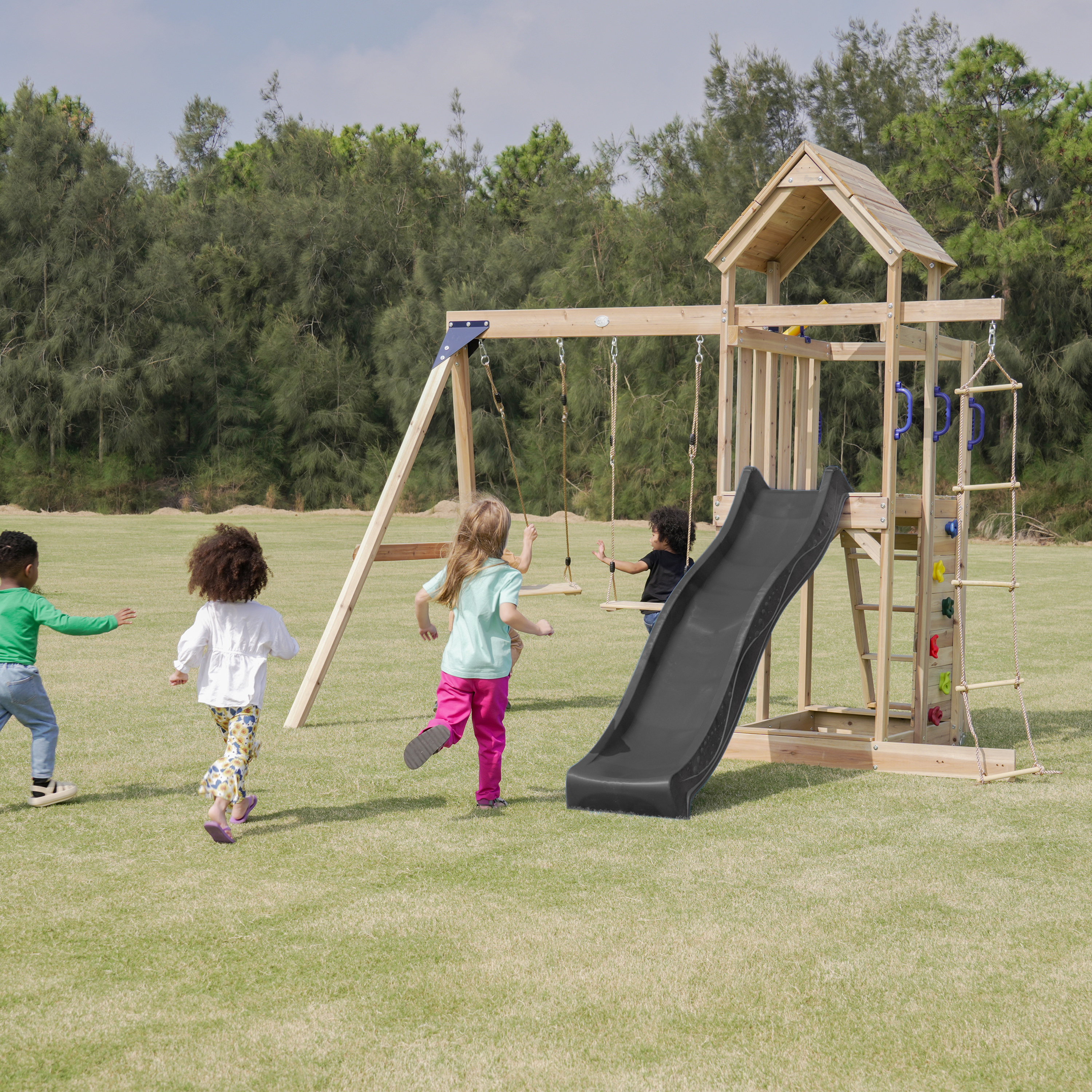 AXI Moos Climbing Frame with Double Swing Set - Grey Slide