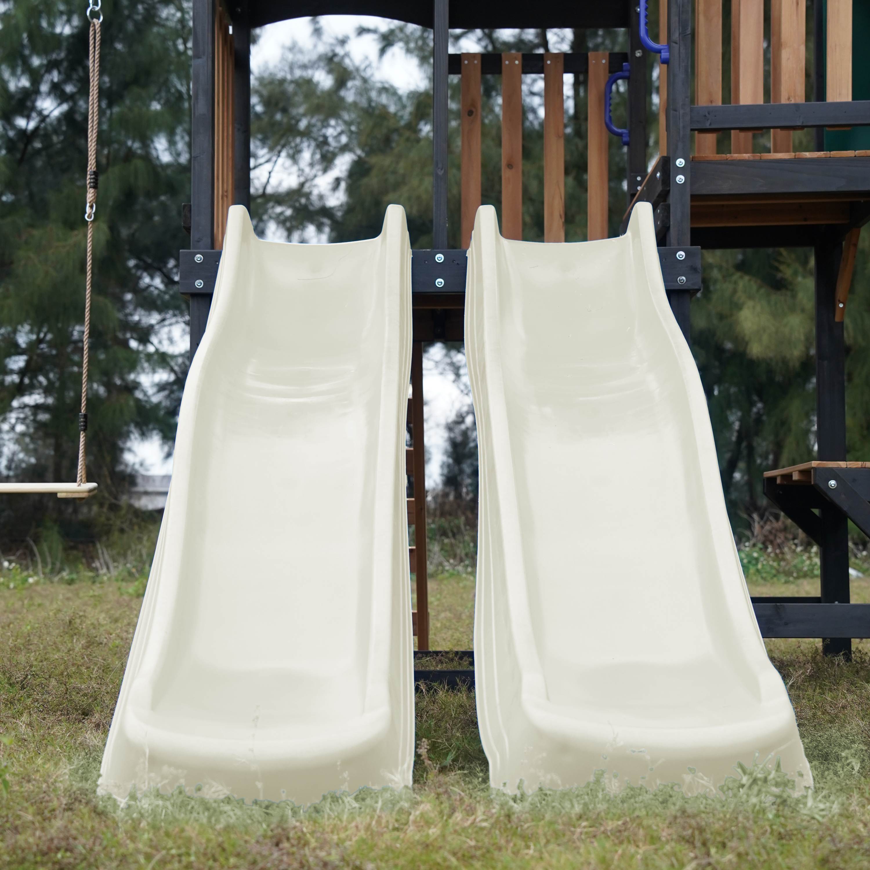 AXI Cody Climbing Frame with Swings, Trapeze and Climbing Wall – Cream Double Slide and Tube Slide