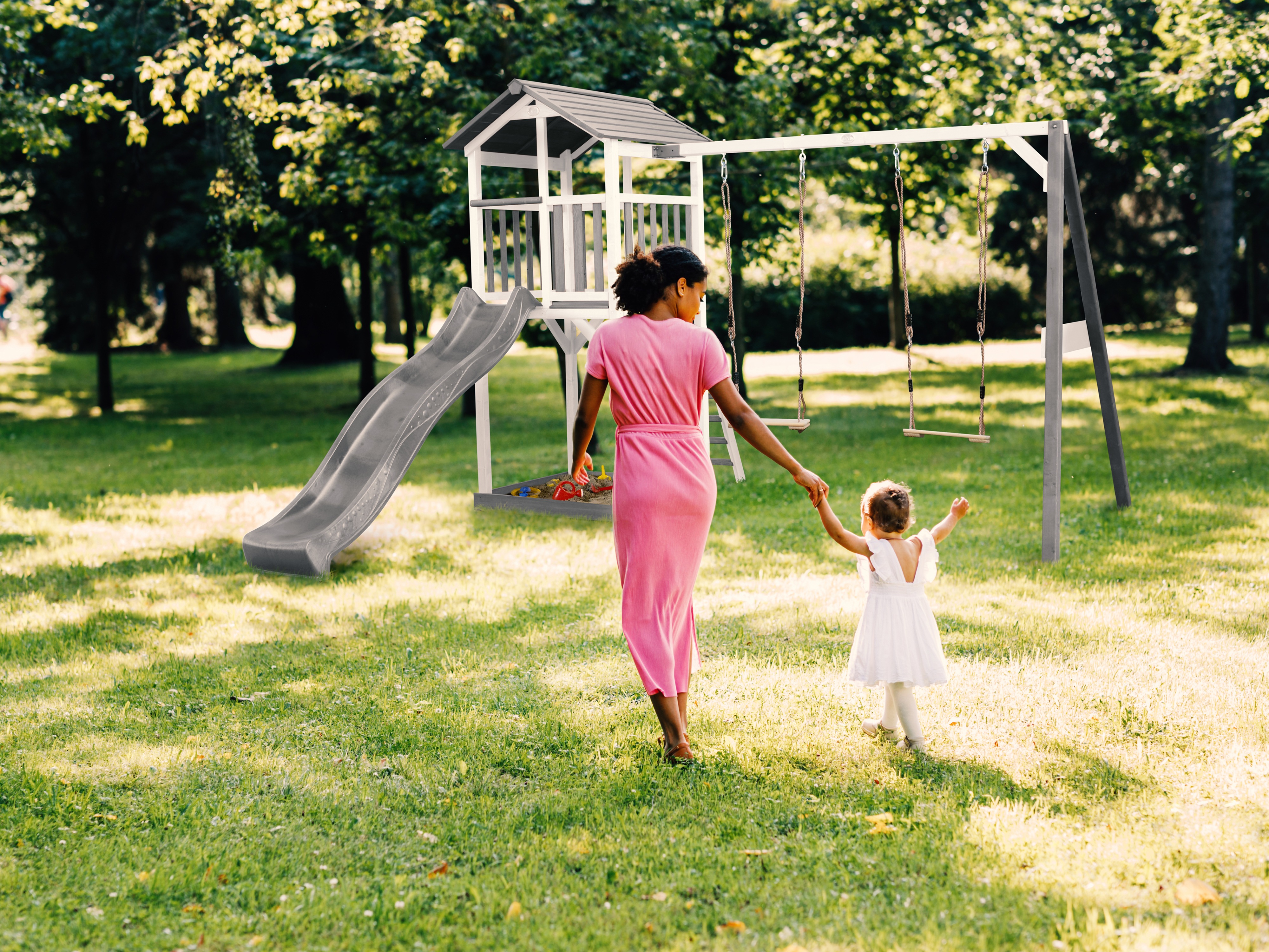 AXI Beach Tower with Double Swing Set Grey/White - Grey Slide