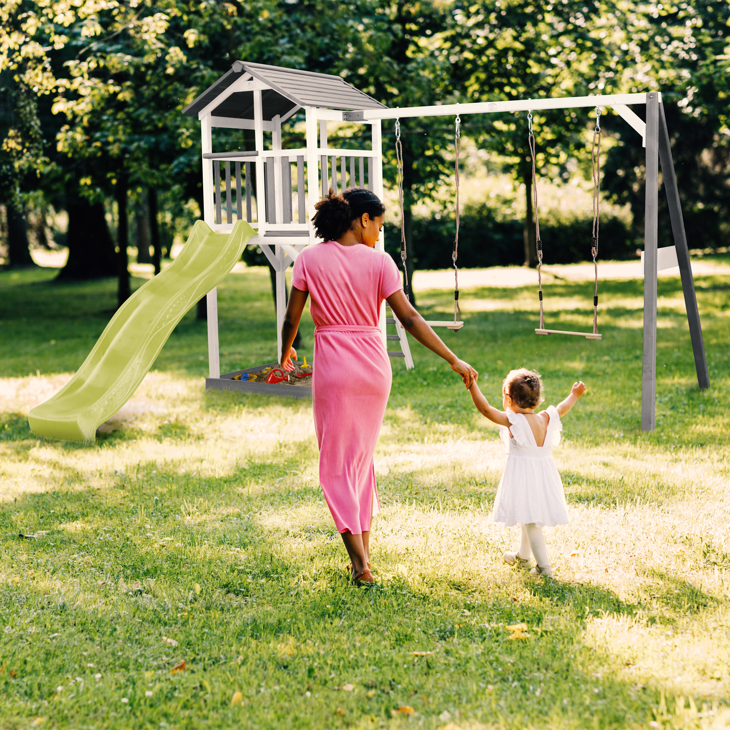 AXI Beach Tower with Double Swing Set GreyWhite - Lime Green Slide