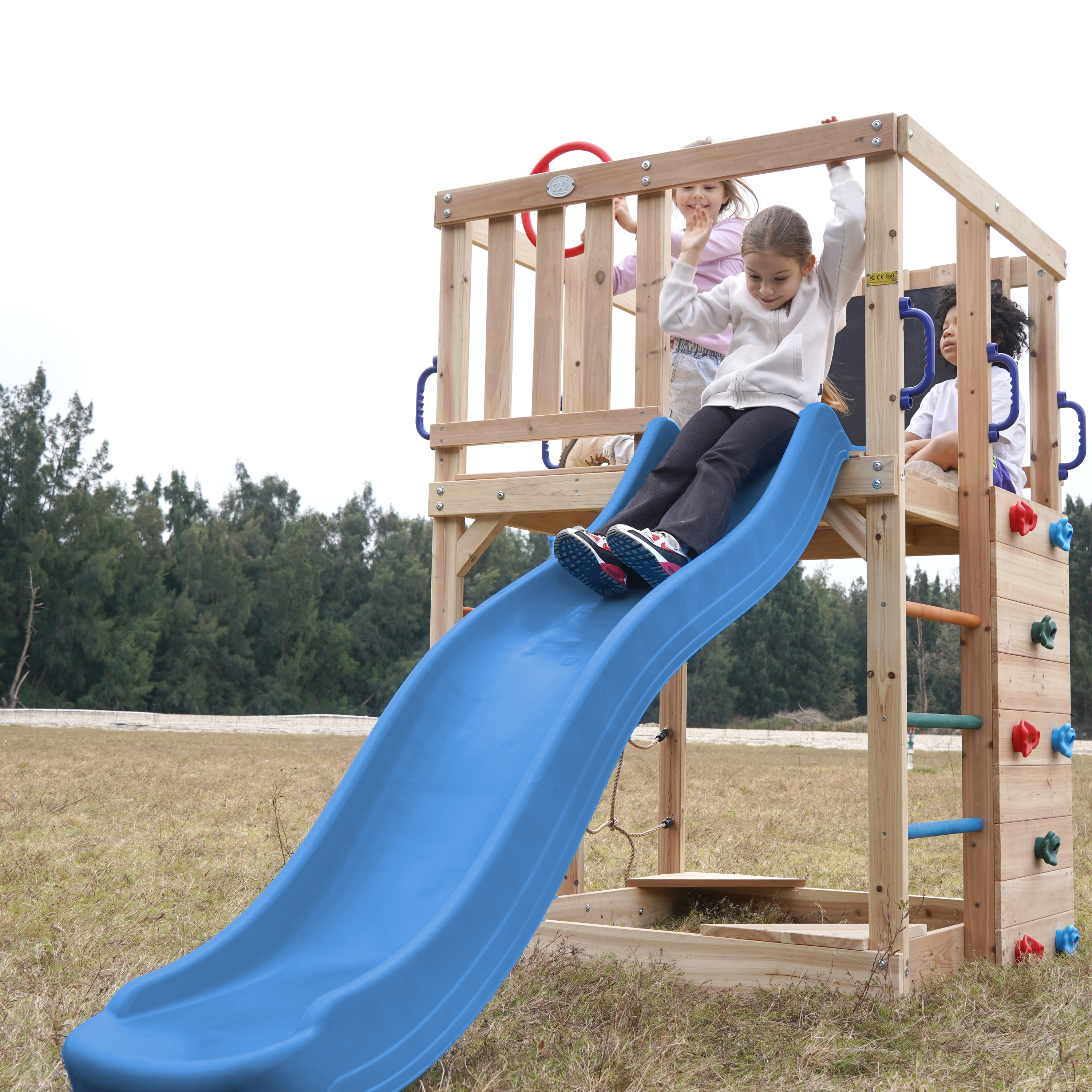 AXI Sam Climbing Frame with Climbing Wall. Climbing Net and Monkey Bars – Blue Slide