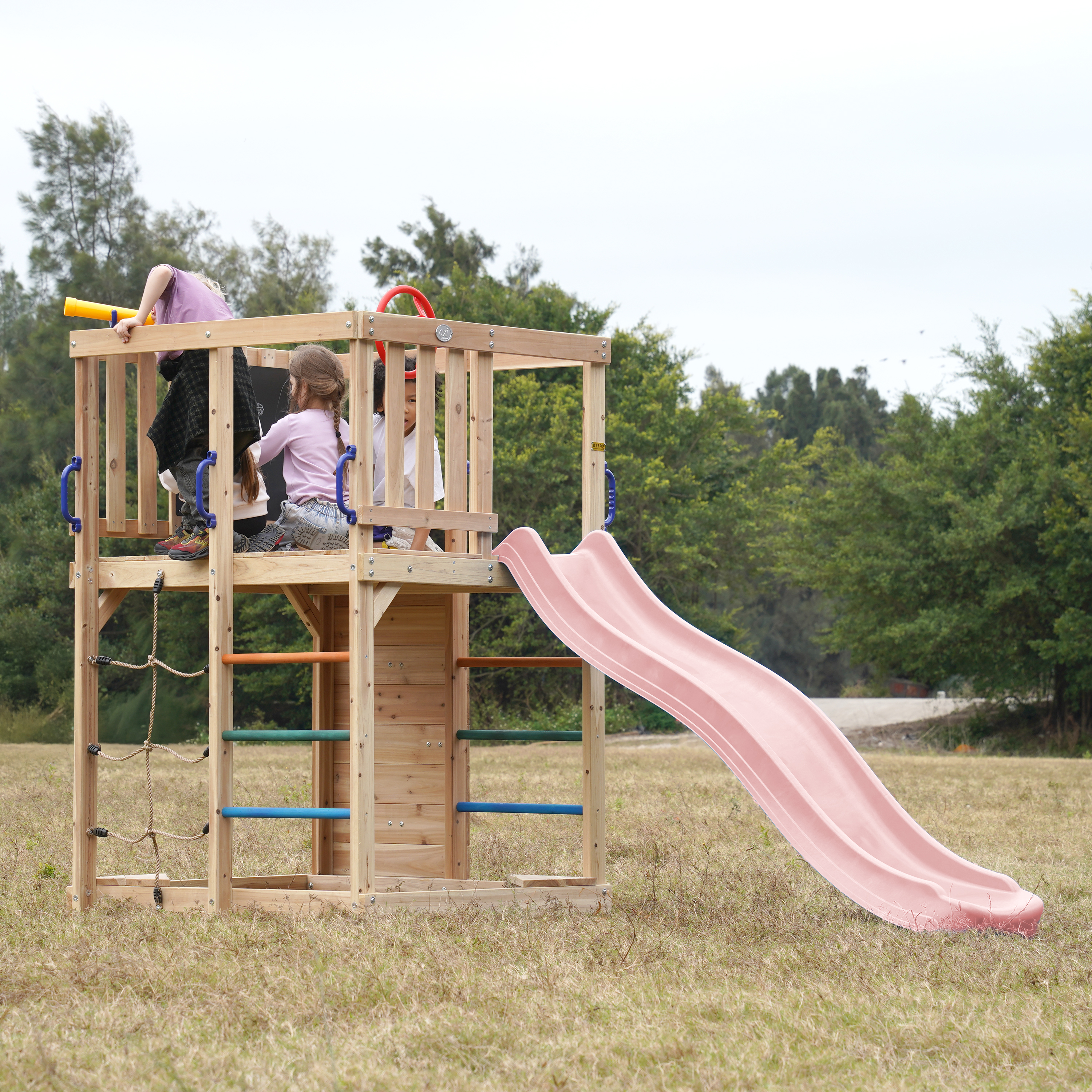 AXI Sam Climbing Frame with Climbing Wall. Climbing Net and Monkey Bars – Pastel Pink Slide