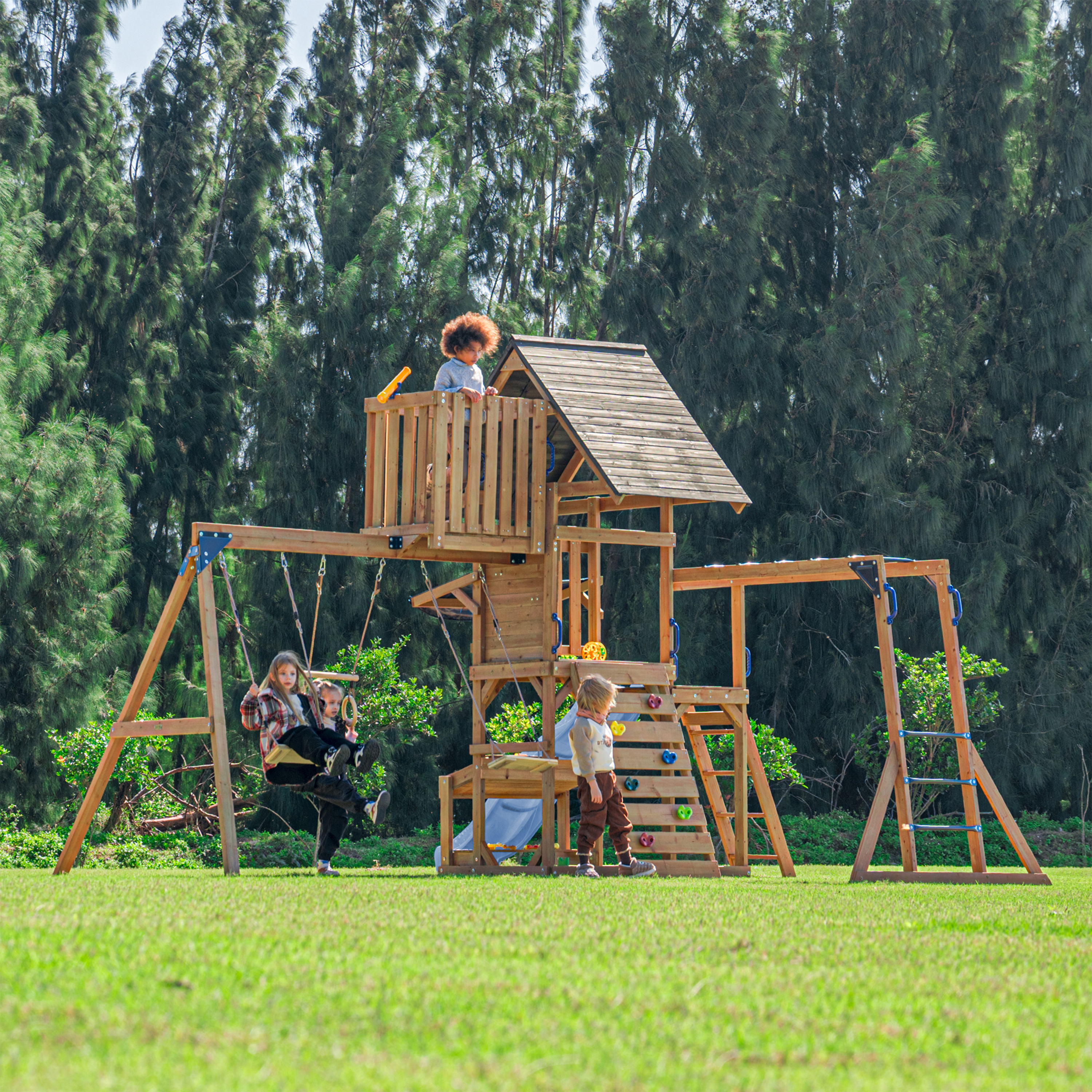 AXI Mitch Climbing Frame with Double Swing. Trapeze and Lookout Tower – Pastel Blue Slide