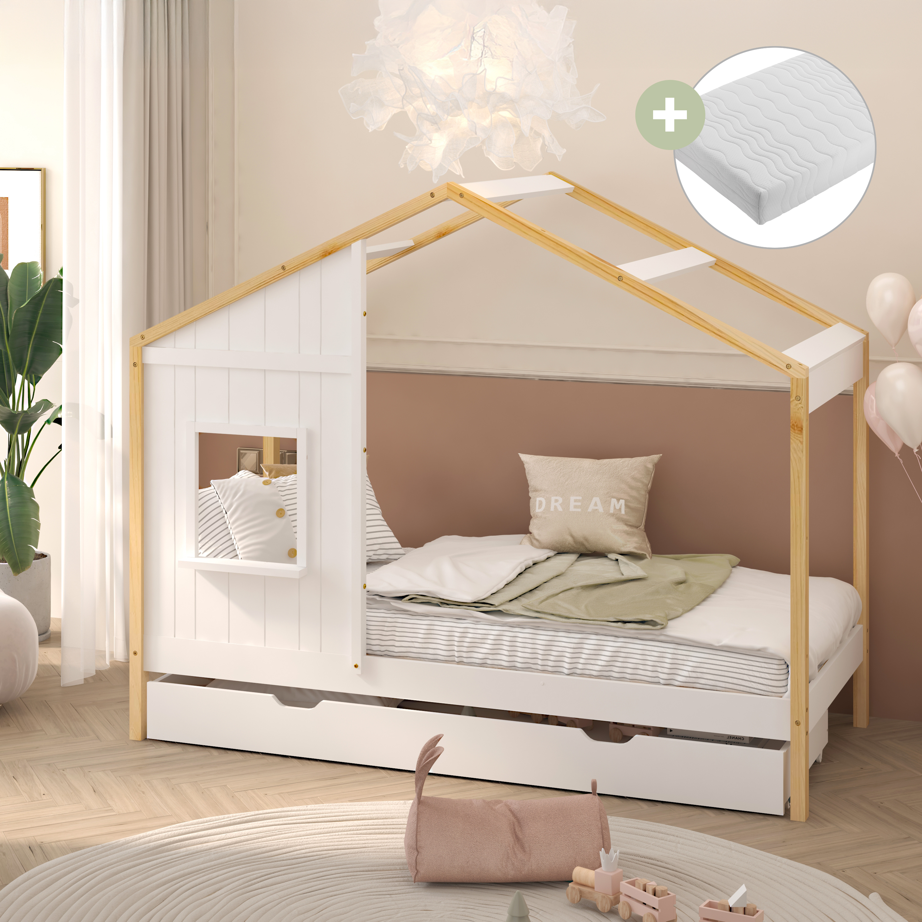 Sunny Beau House Bed with Storage Drawer Brown/White – With Mattress