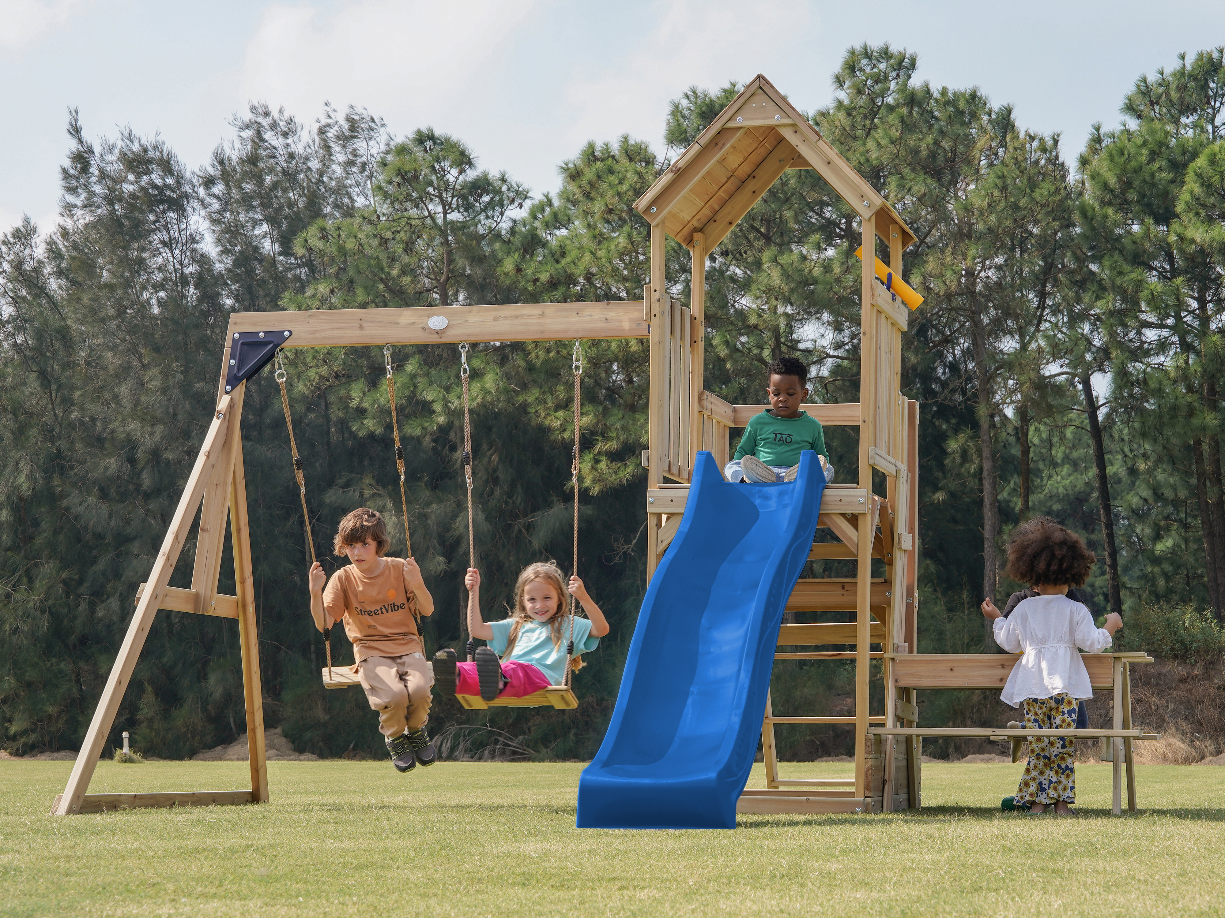 AXI Mette Climbing Frame with Double Swing Set and Picnic Table - Blue Slide