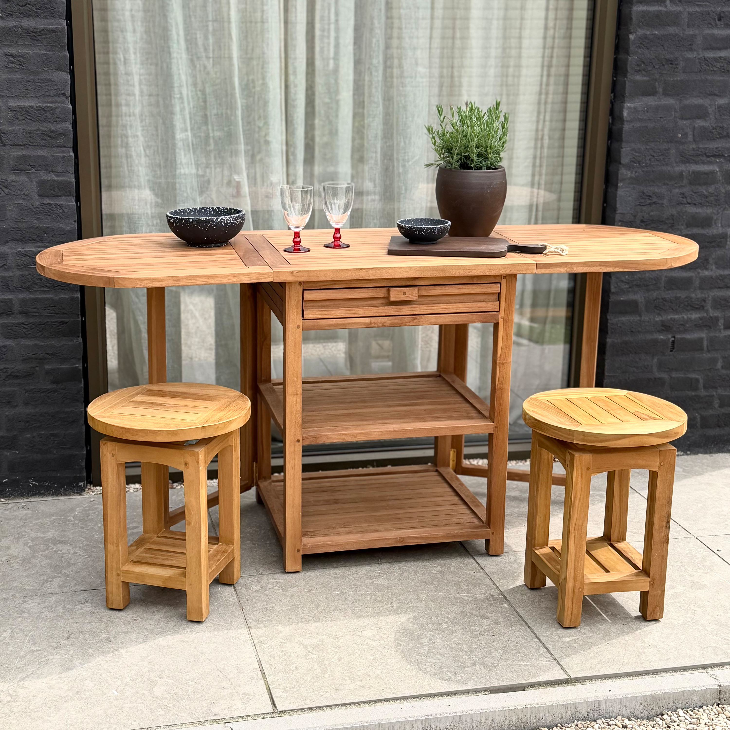 AXI Nomani Foldable Teak Low Bar Set with 2 stools