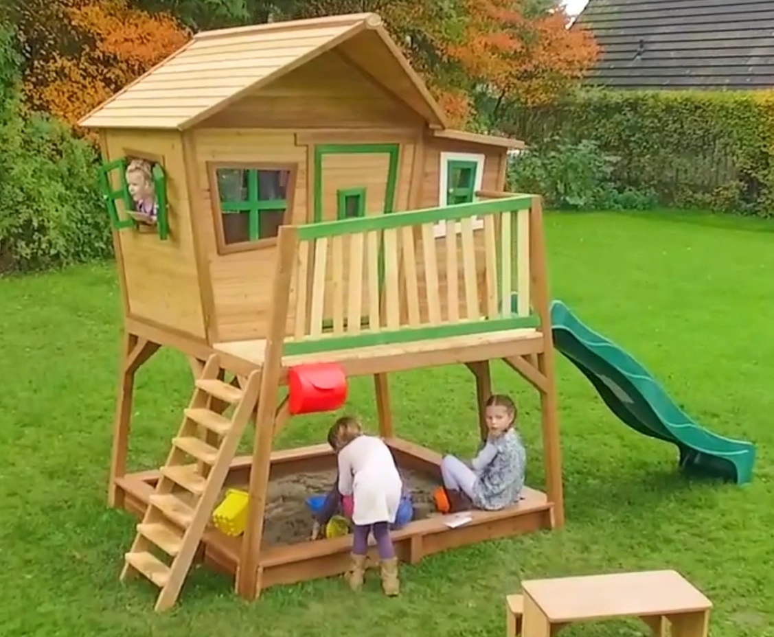 Thumbnail AXI Max Speelhuis in Bruin/Groen met Groene Glijbaan - Speelhuisje van hout