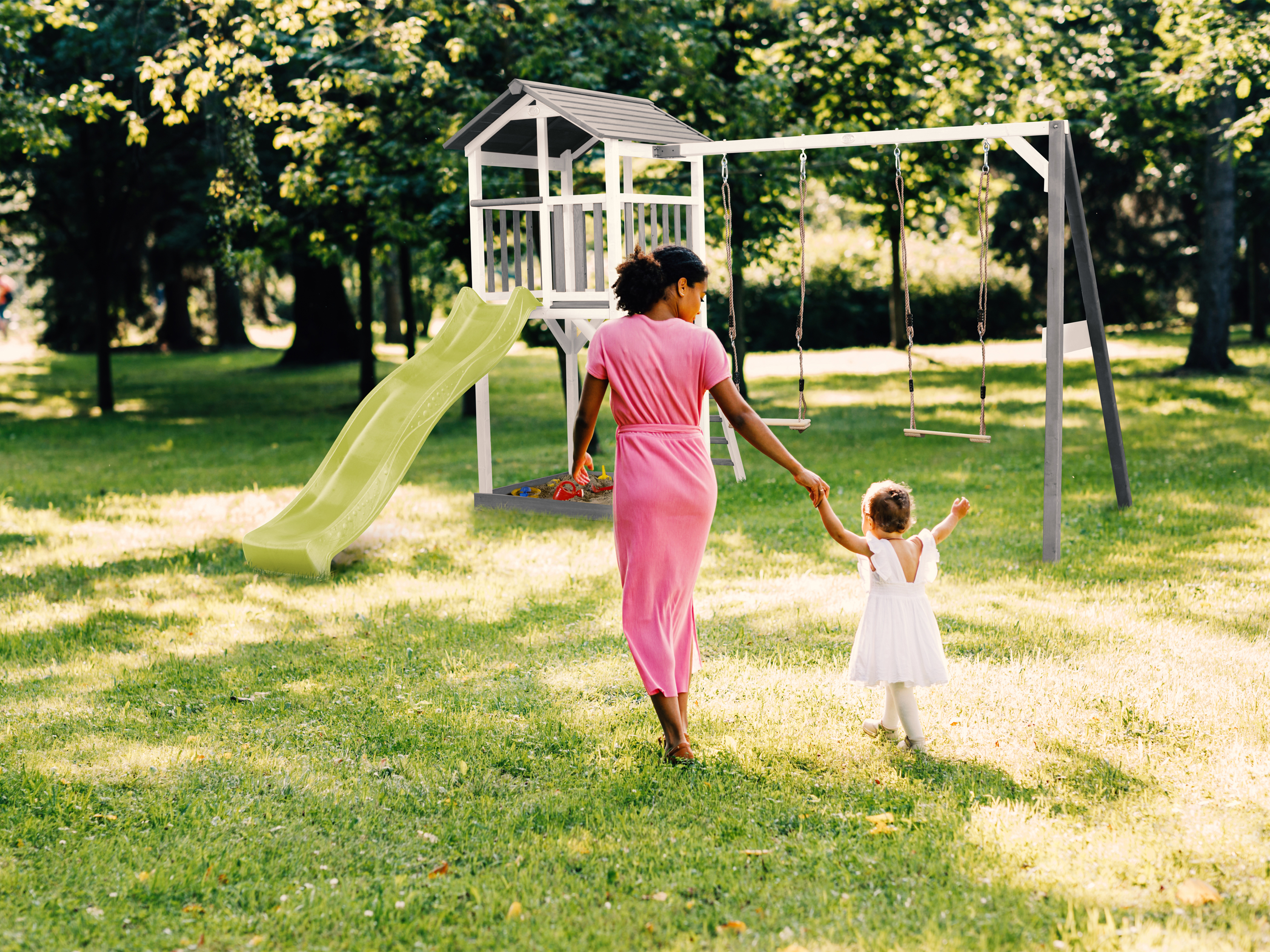 AXI Beach Tower with Double Swing Set GreyWhite - Lime Green Slide