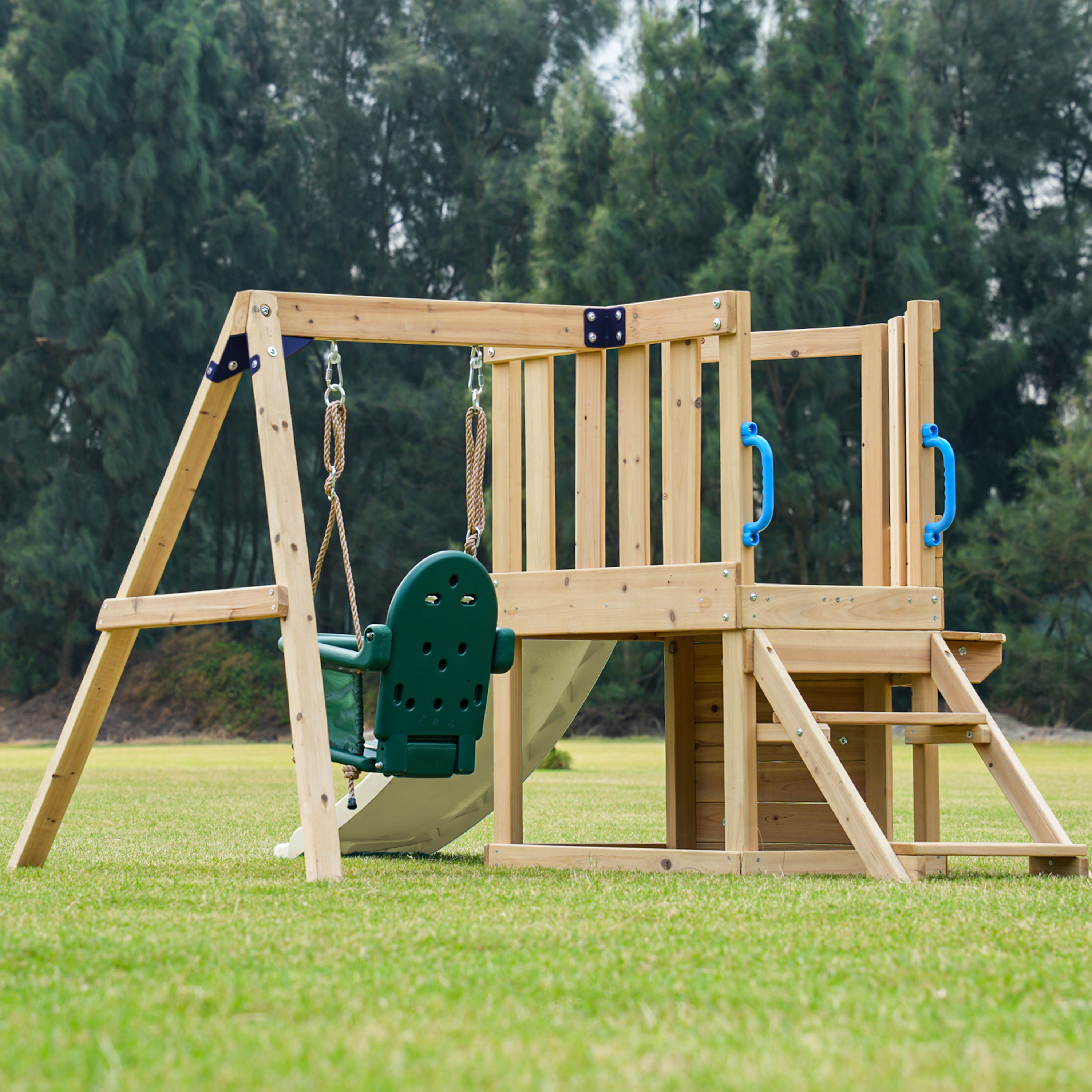 AXI Timo Mini Climbing Frame with Baby Swing. Climbing Wall and Chalkboard – Cream Slide
