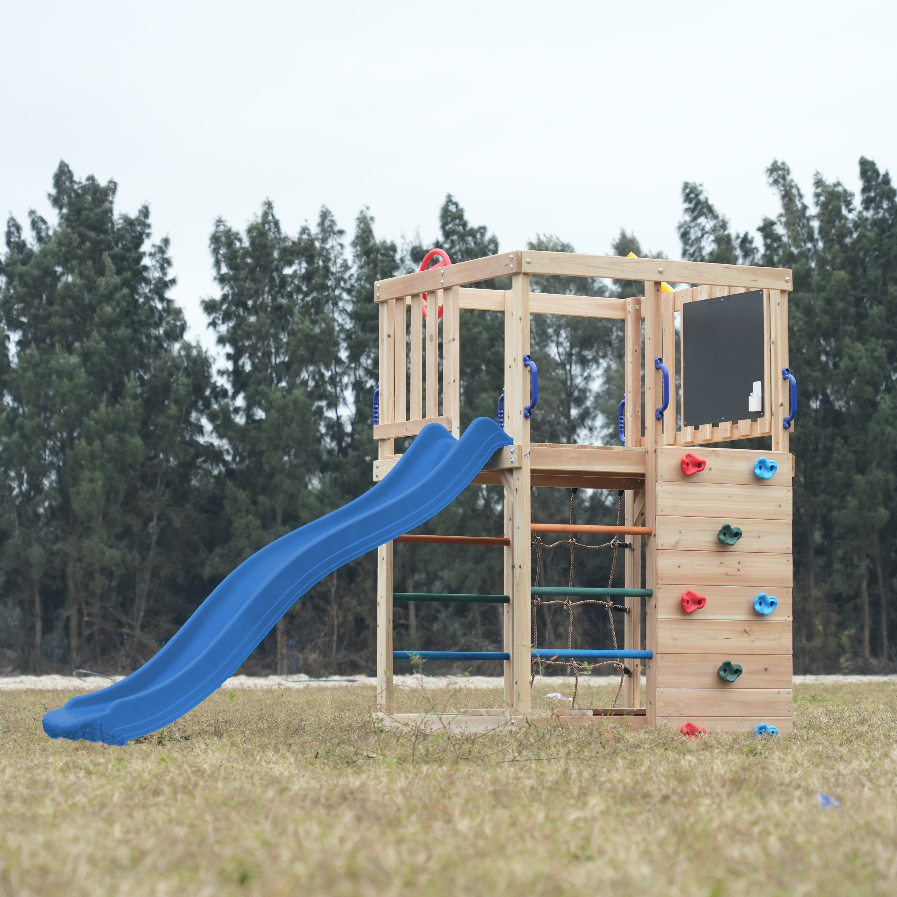 AXI Sam Climbing Frame with Climbing Wall. Climbing Net and Monkey Bars – Blue Slide