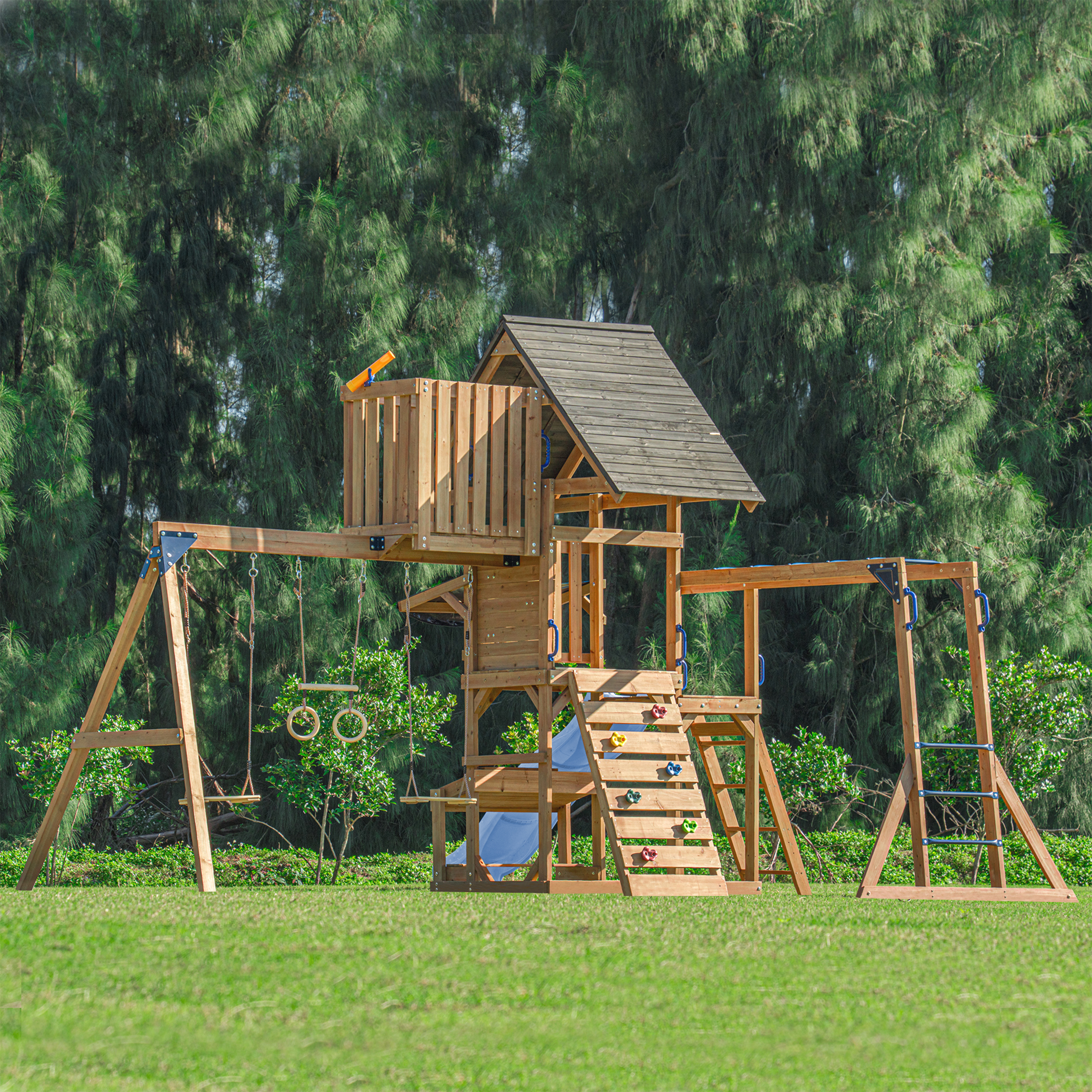 AXI Mitch Climbing Frame with Double Swing. Trapeze and Lookout Tower – Pastel Blue Slide