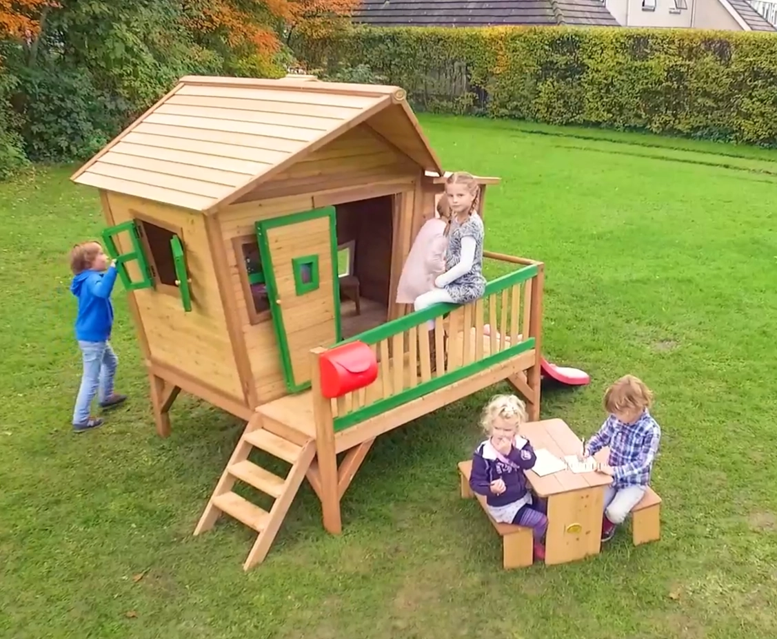 Thumbnail AXI Emma Speelhuis in Bruin/Groen met Rode Glijbaan - Houten speelhuisje
