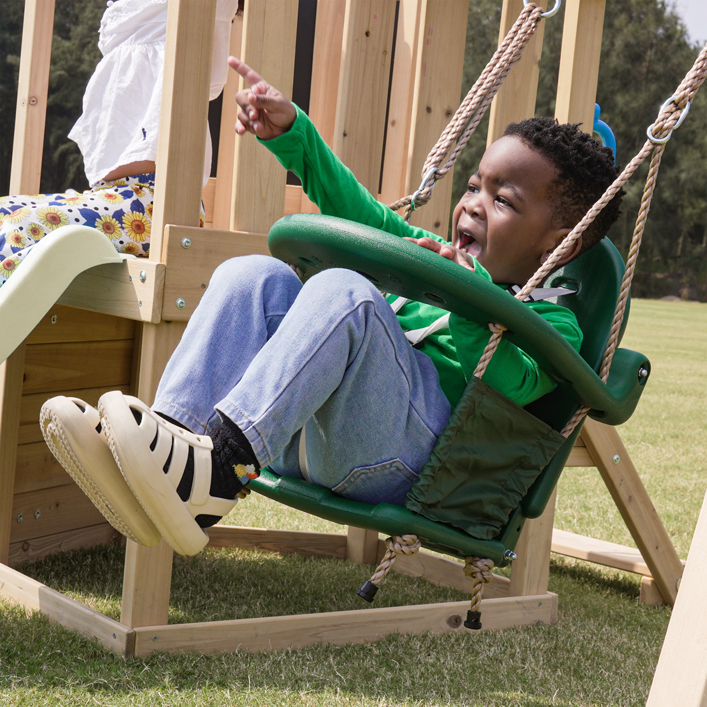 AXI Timo Mini Climbing Frame with Baby Swing. Climbing Wall and Chalkboard – Cream Slide