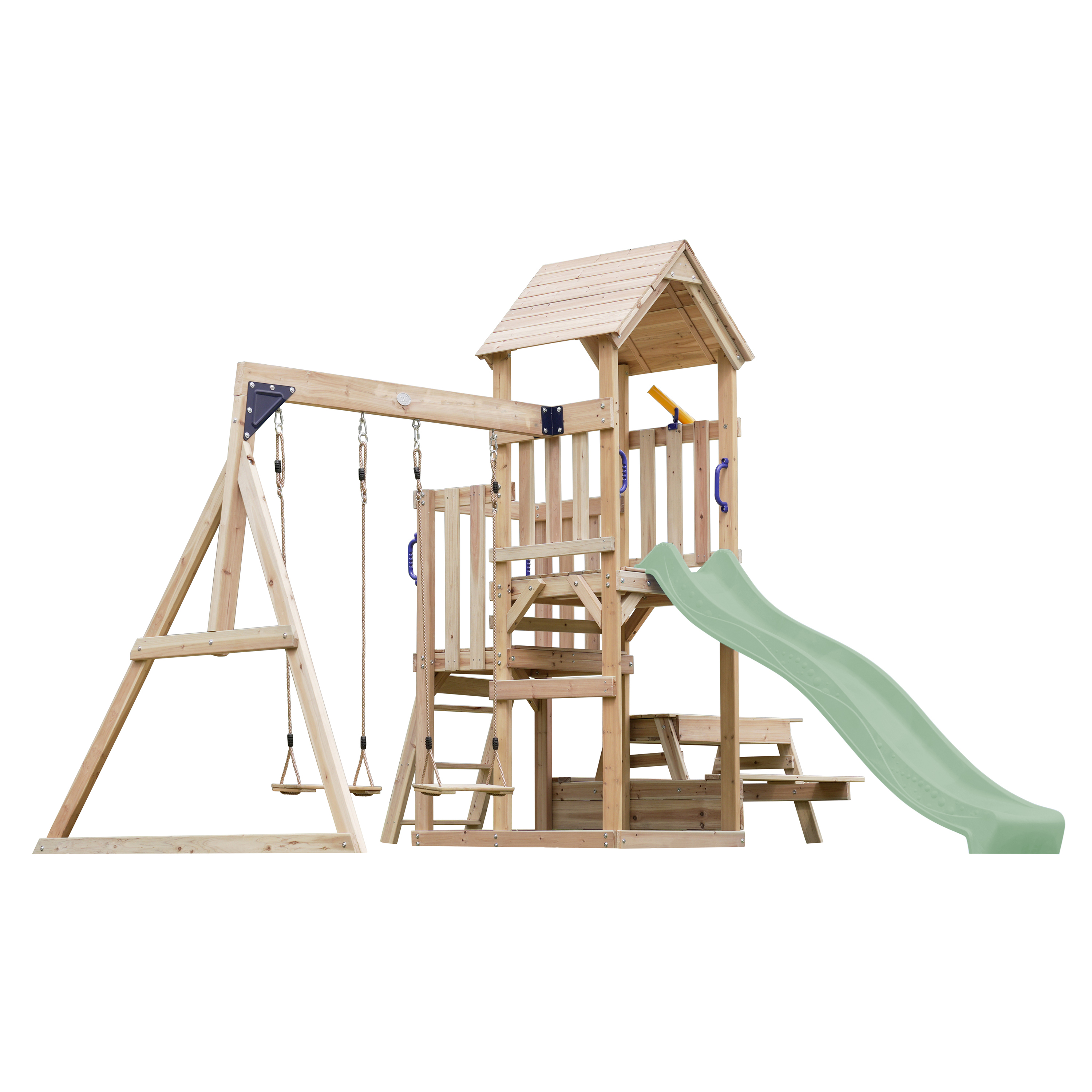 AXI Mette Climbing Frame with Double Swing Set and Picnic Table - Pastel Green Slide