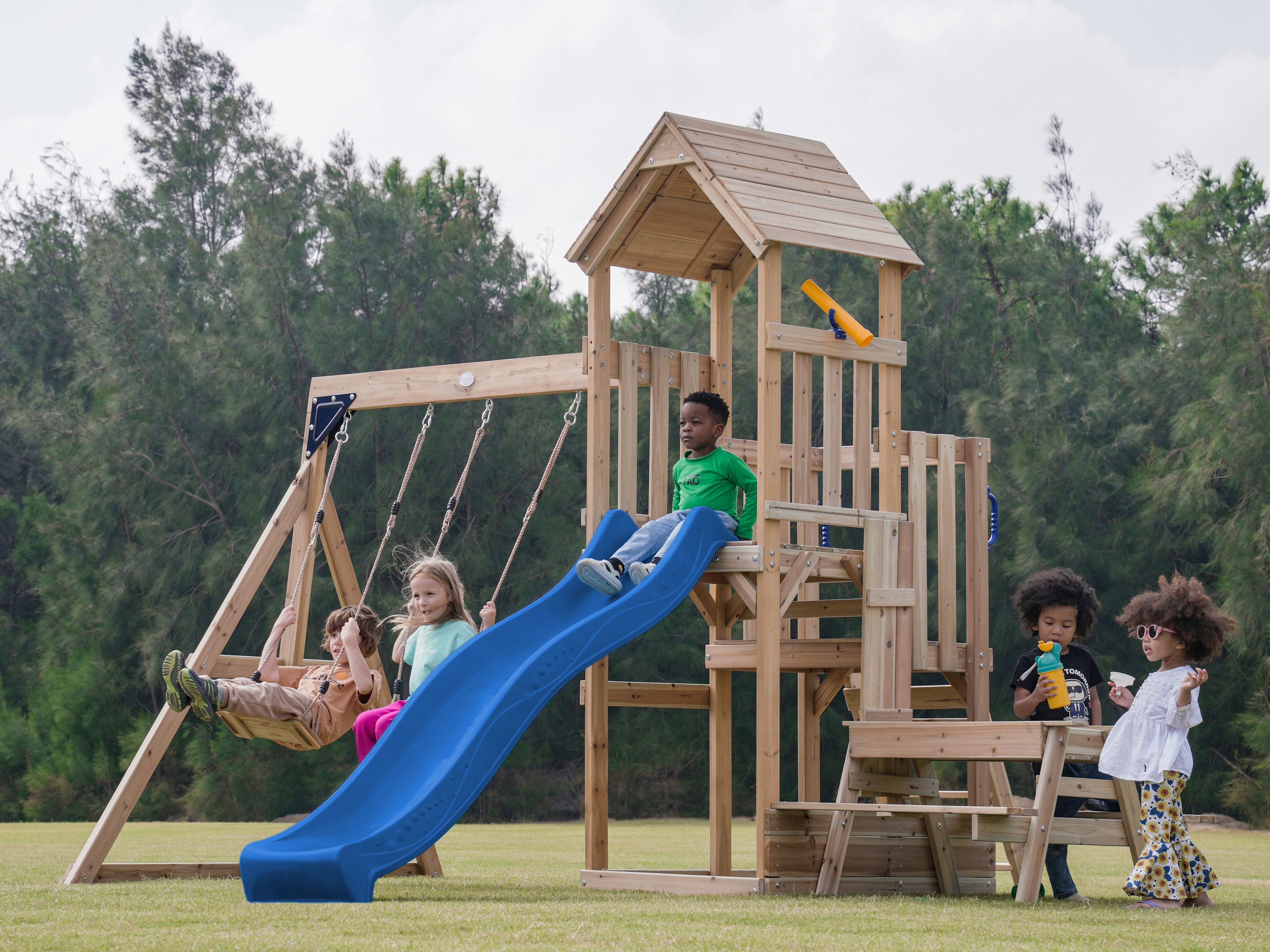 AXI Mette Climbing Frame with Double Swing Set and Picnic Table - Blue Slide