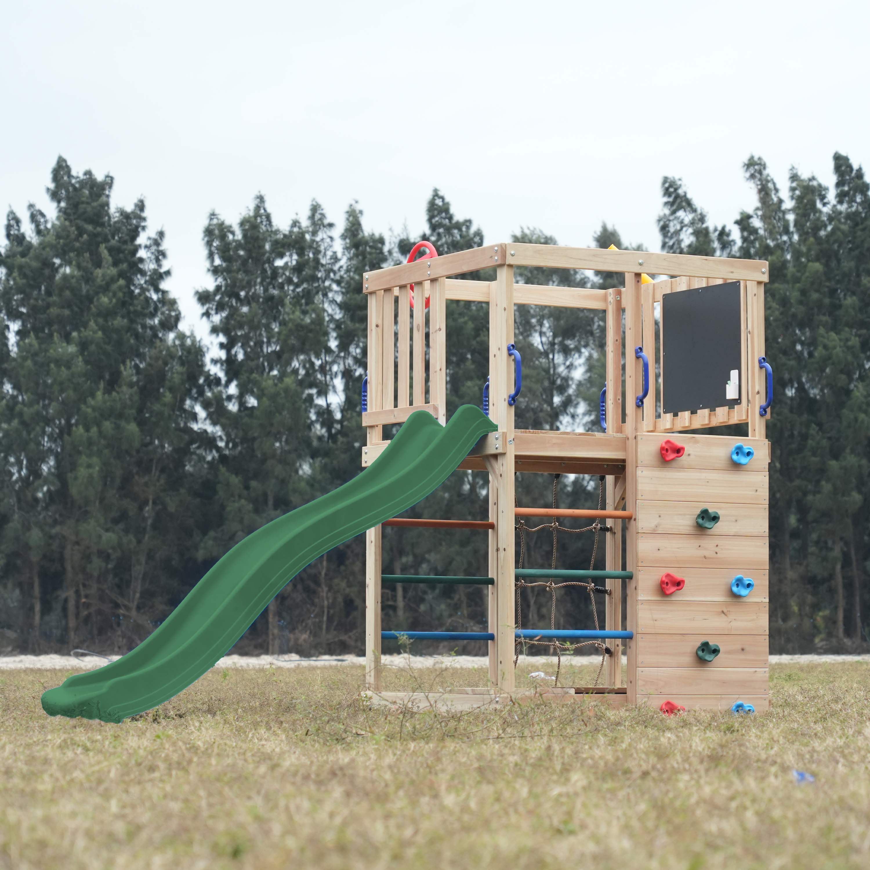 AXI Sam Climbing Frame with Climbing Wall, Climbing Net and Monkey Bars – Green Slide