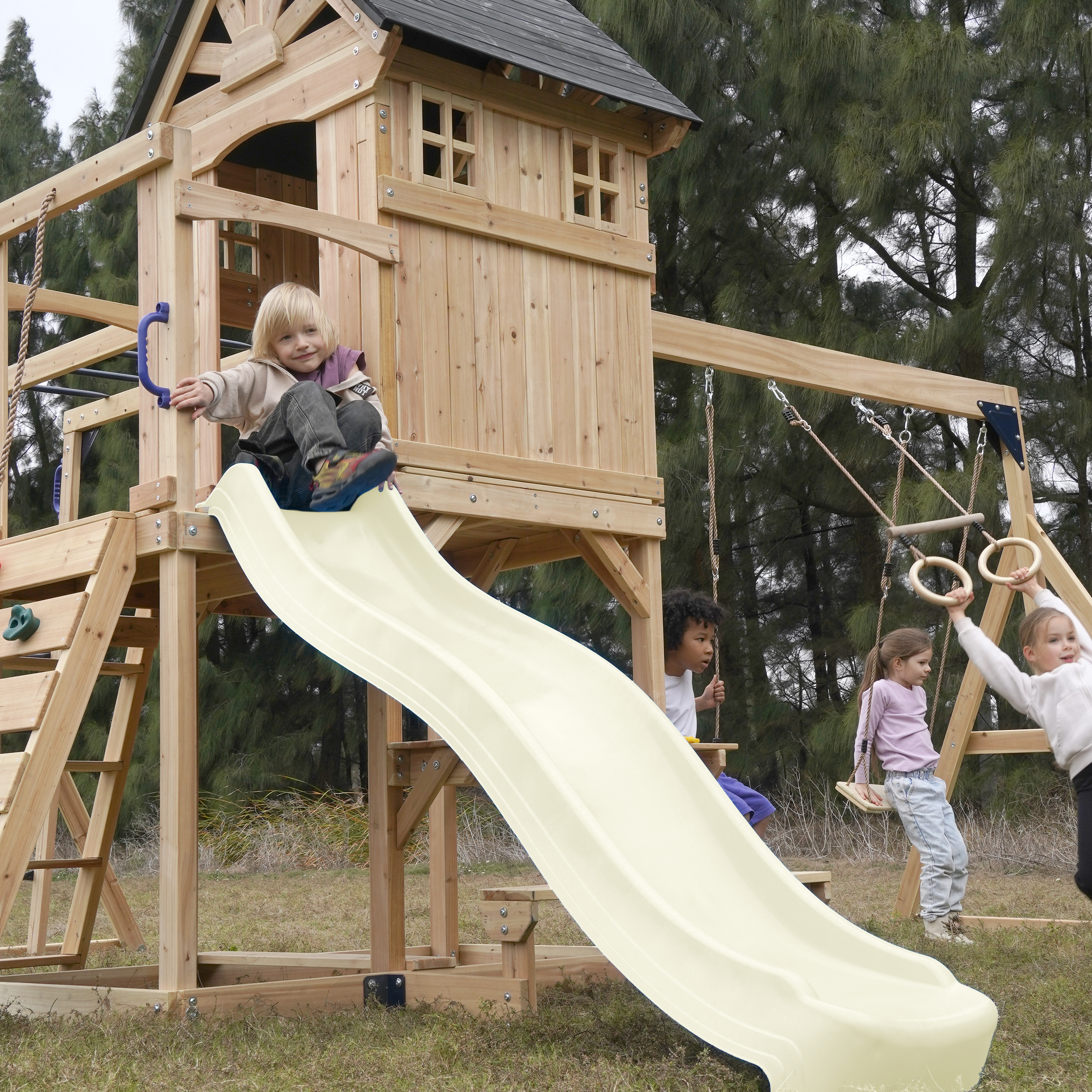 AXI Duncan Climbing Frame with Swings. Climbing Frames and Monkey Bars – Cream Slide