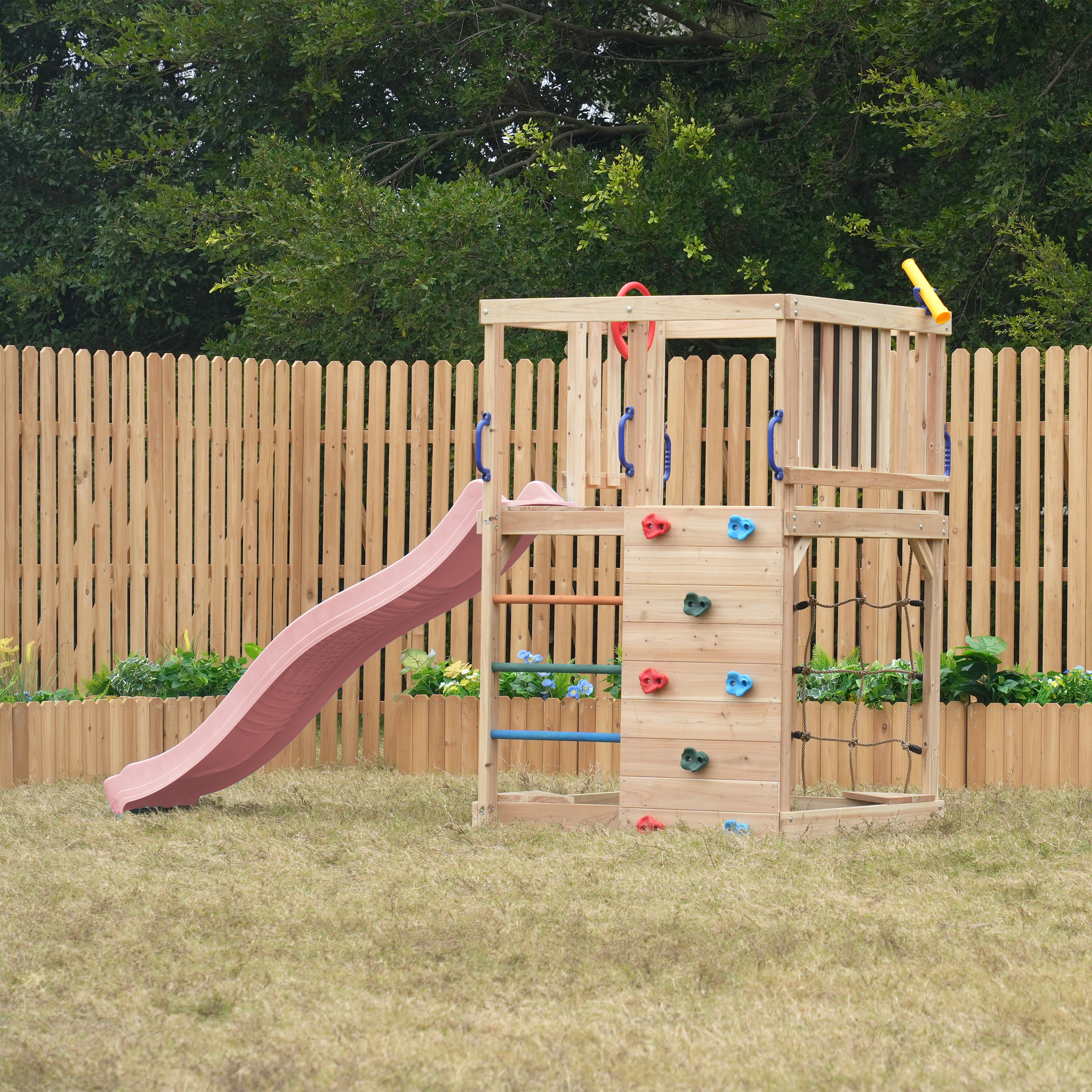 AXI Sam Climbing Frame with Climbing Wall. Climbing Net and Monkey Bars – Pastel Pink Slide