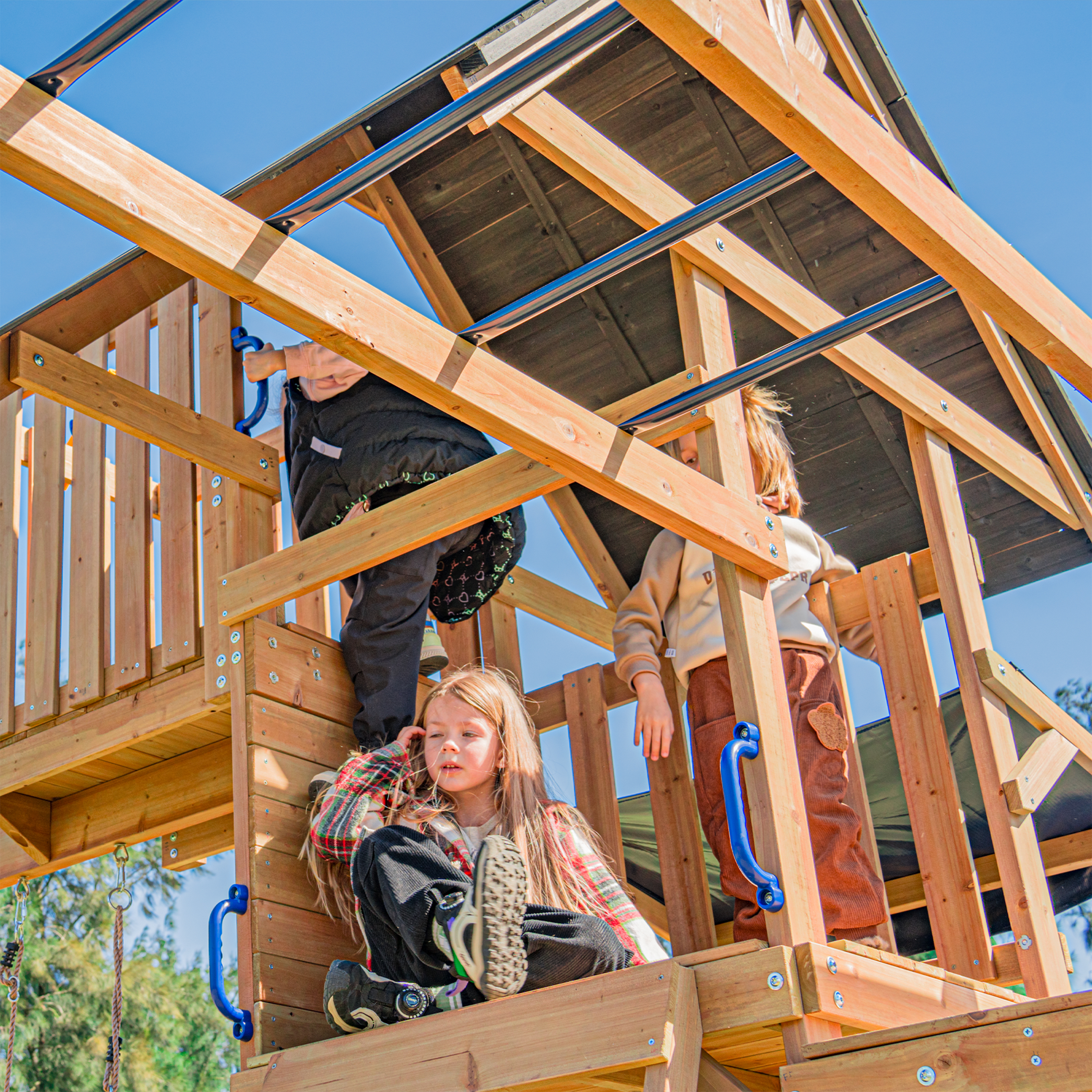 AXI Mitch Climbing Frame with Double Swing. Trapeze and Lookout Tower – Pastel Blue Slide