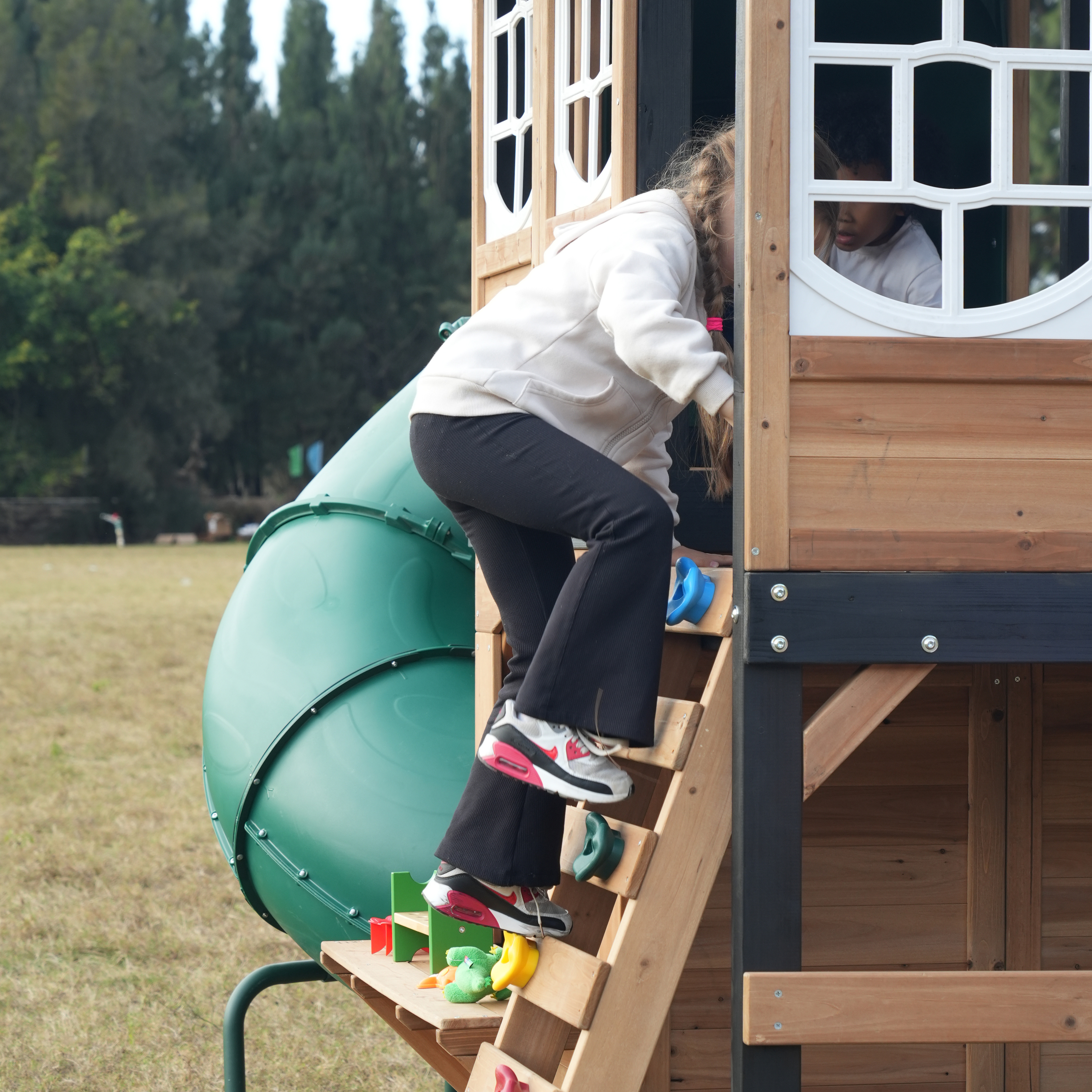 AXI Noud Climbing Frame with Playhouse. Swings. Trapeze and Climbing Wall – Cream Slide and Tube Slide