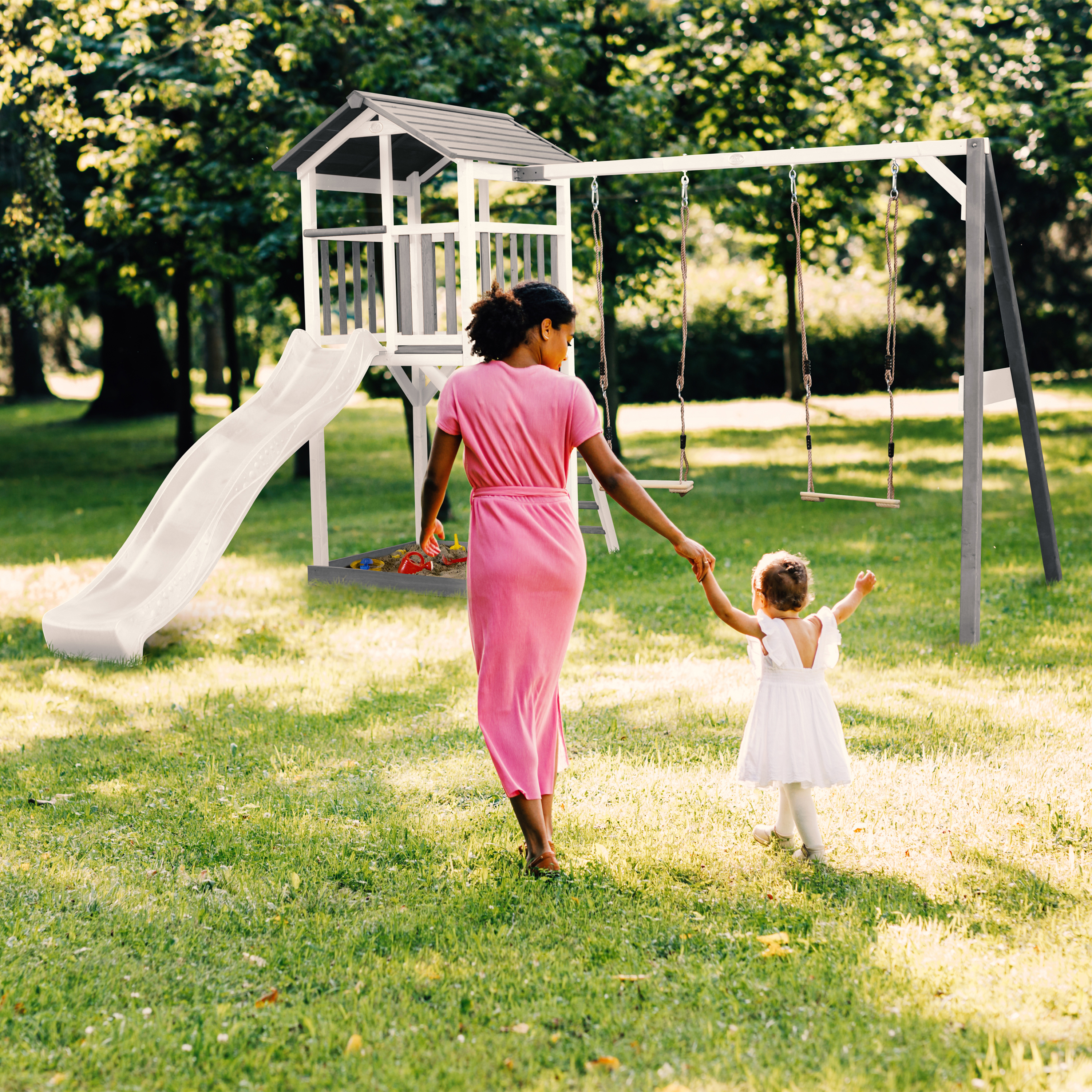 AXI Beach Tower with Double Swing Set Grey/White - White Slide