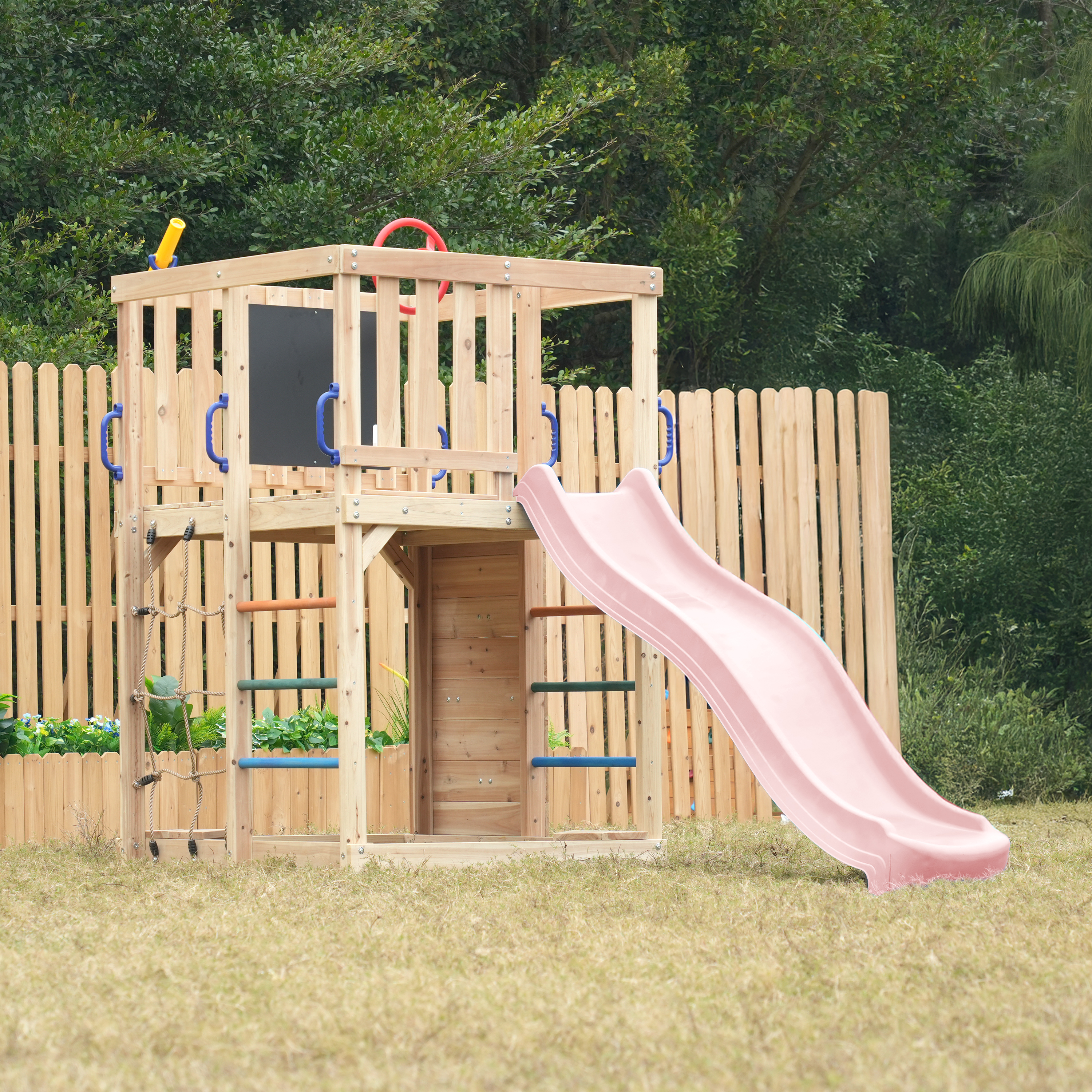 AXI Sam Climbing Frame with Climbing Wall. Climbing Net and Monkey Bars – Pastel Pink Slide