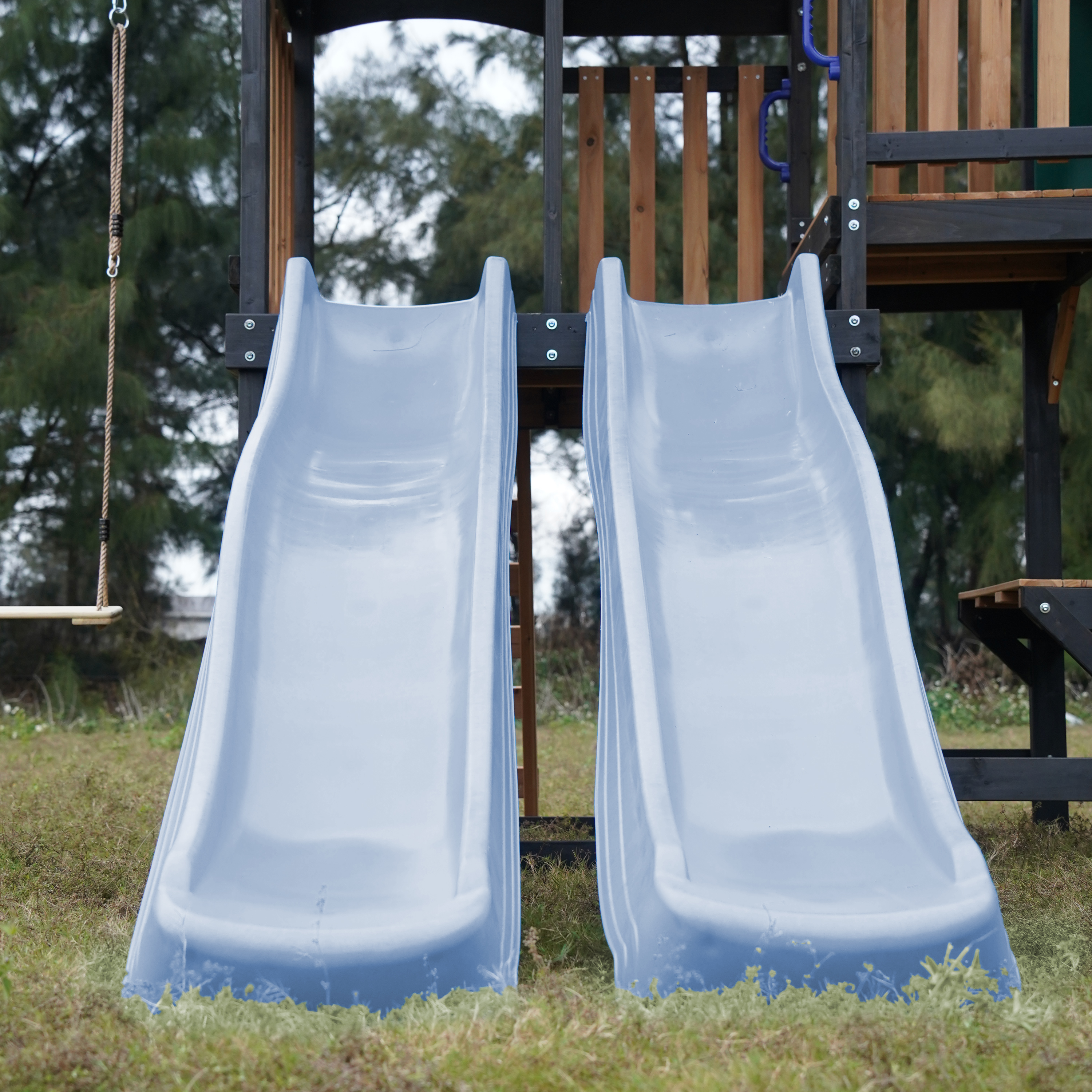 AXI Cody Climbing Frame with Swings. Trapeze and Climbing Wall – Pastel Blue Double Slide and Tube Slide