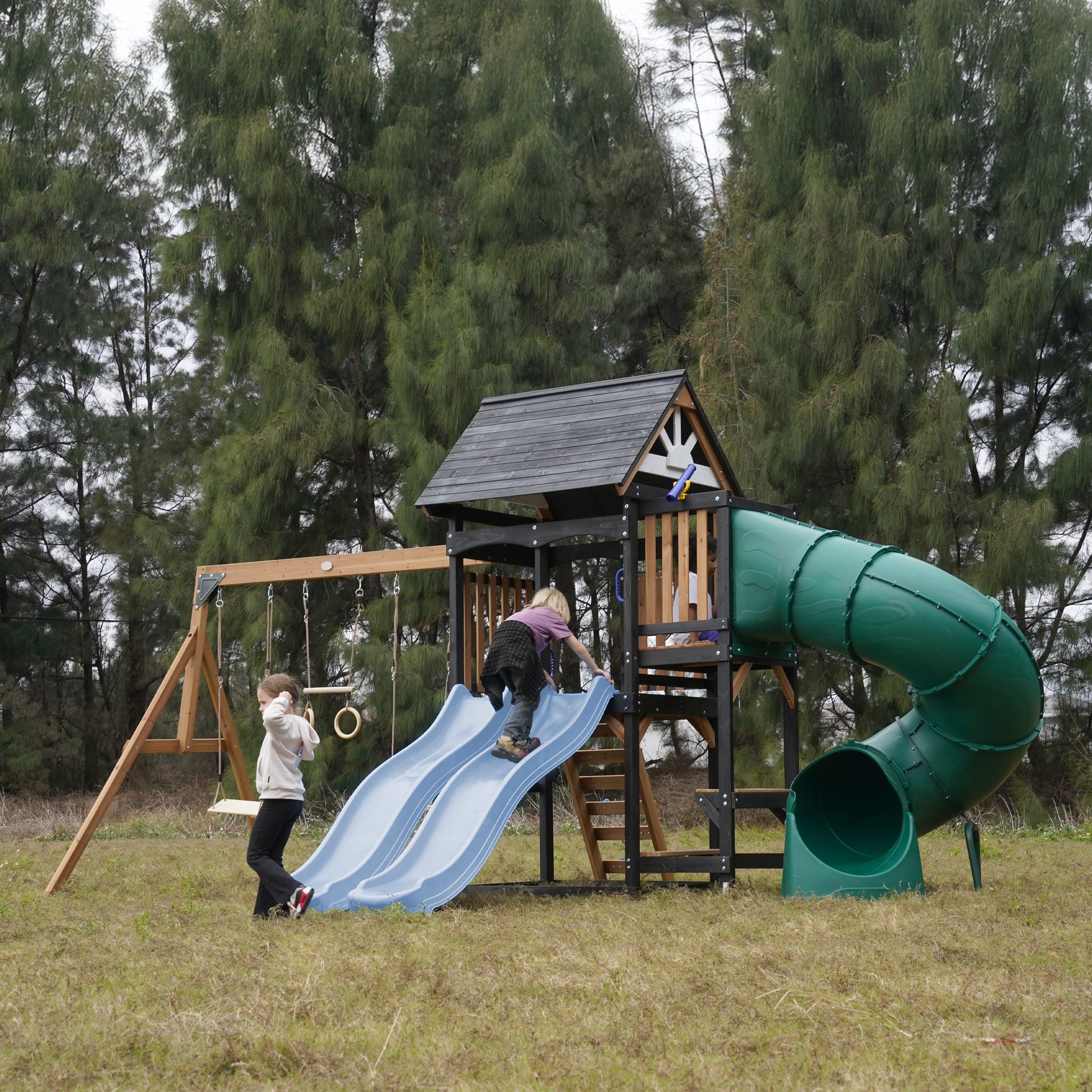 AXI Cody Climbing Frame with Swings. Trapeze and Climbing Wall – Pastel Blue Double Slide and Tube Slide