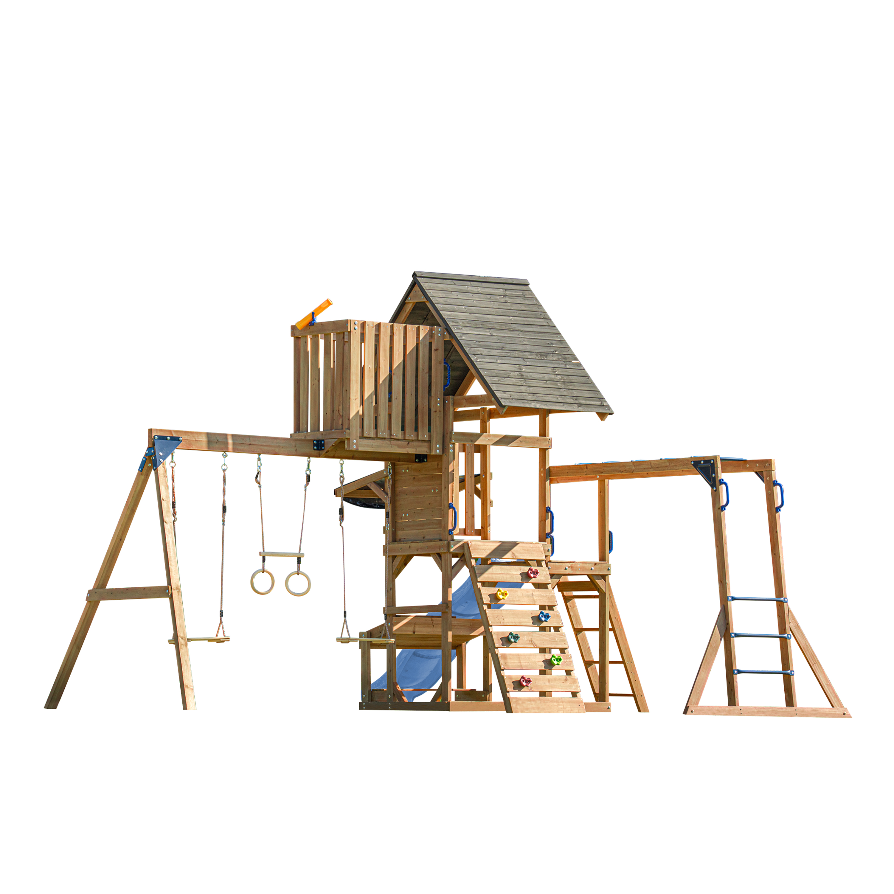 AXI Mitch Climbing Frame with Double Swing. Trapeze and Lookout Tower – Pastel Blue Slide