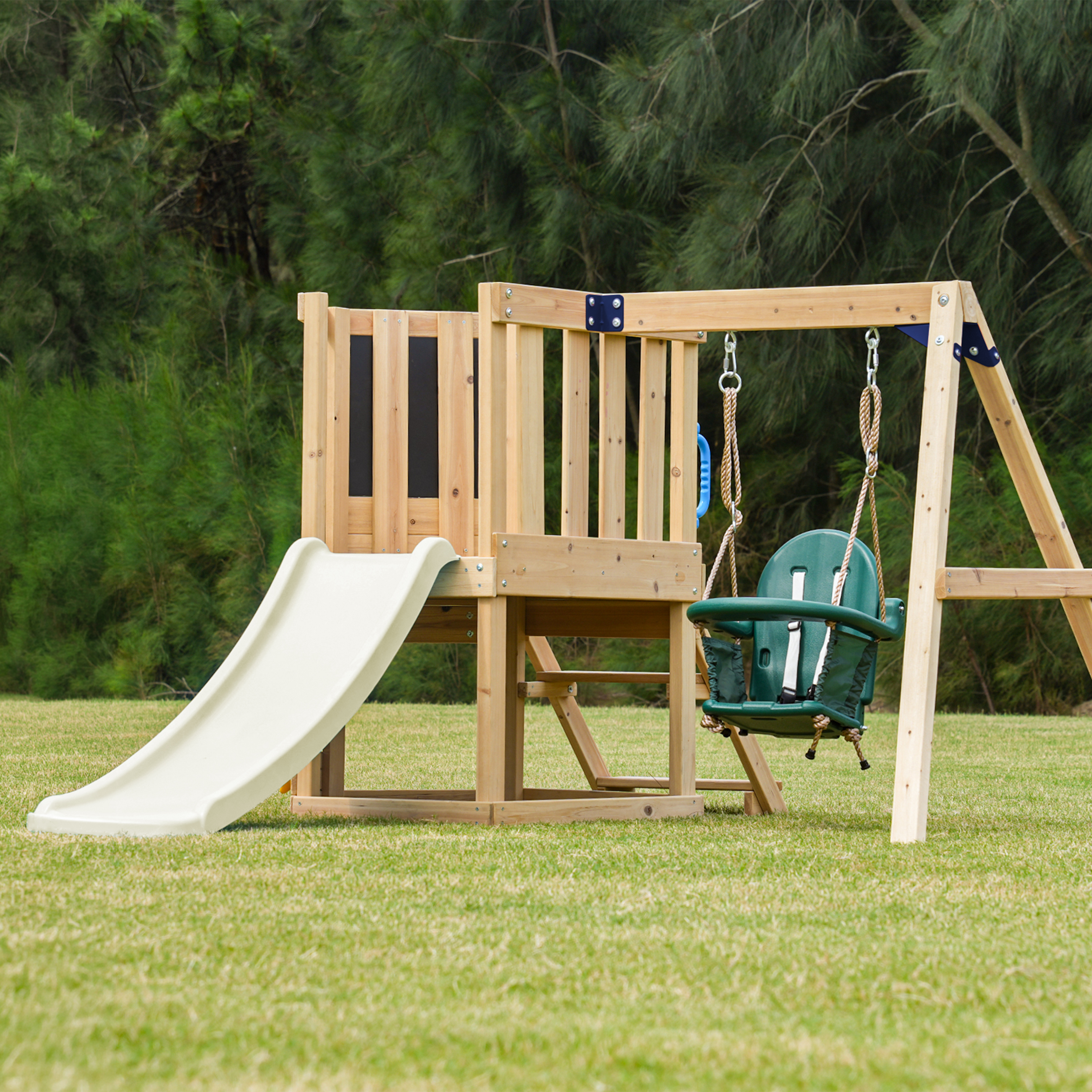 AXI Timo Mini Climbing Frame with Baby Swing. Climbing Wall and Chalkboard – Cream Slide