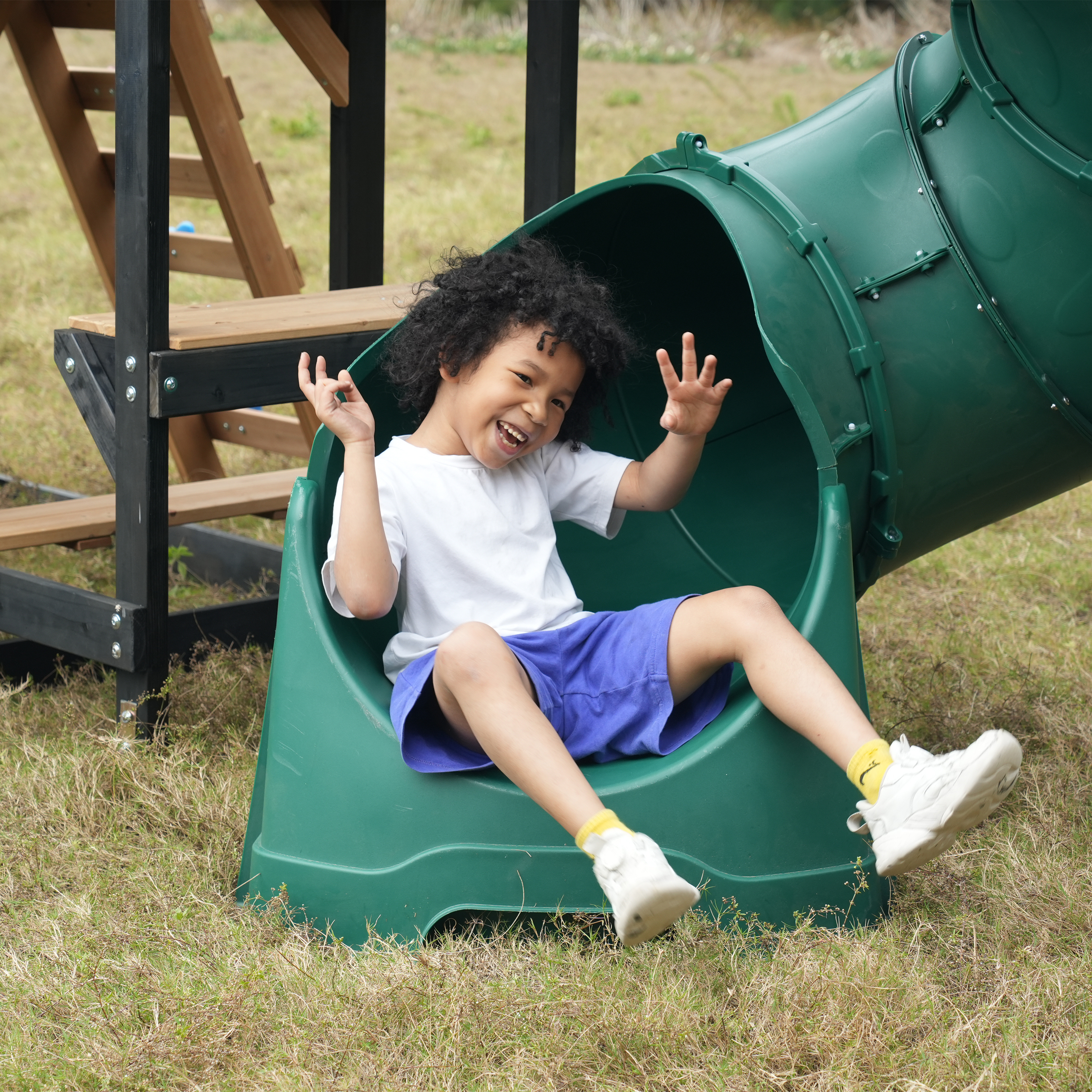 AXI Cody Climbing Frame with Swings. Trapeze and Climbing Wall – Pastel Blue Double Slide and Tube Slide