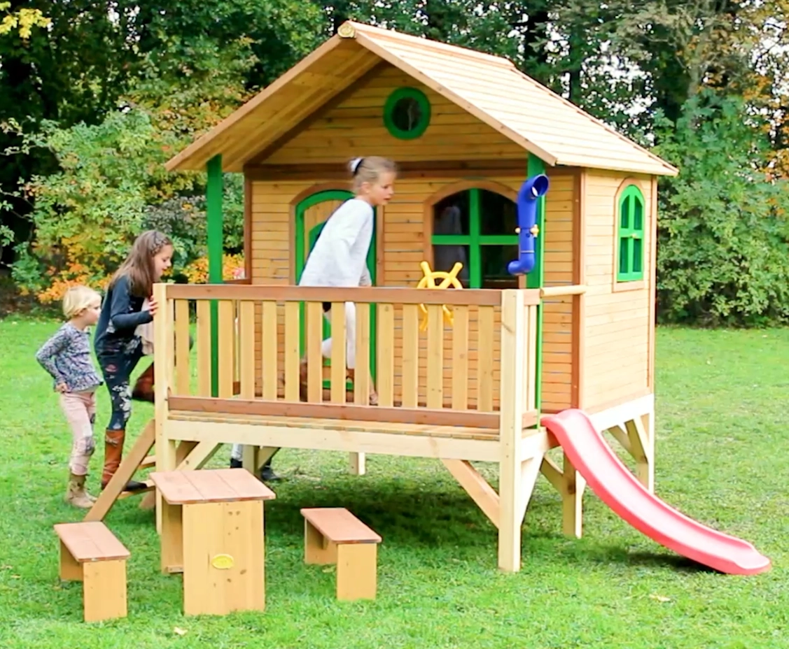 Thumbnail AXI Stef Speelhuis in Bruin/Groen met Rode glijbaan - Speelhuisje van hout