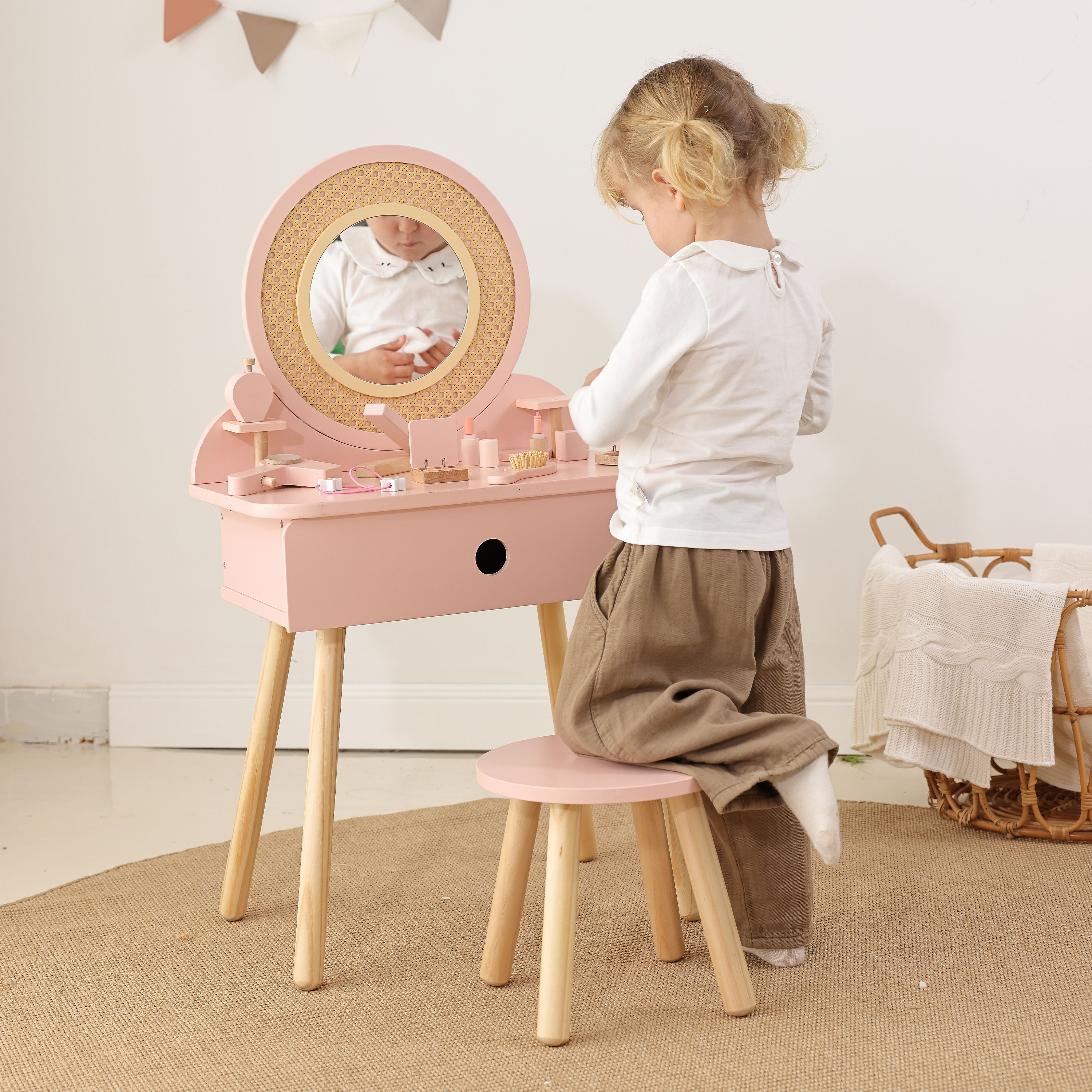 Tooky Toy Wooden Dressing Table with Rattan Look