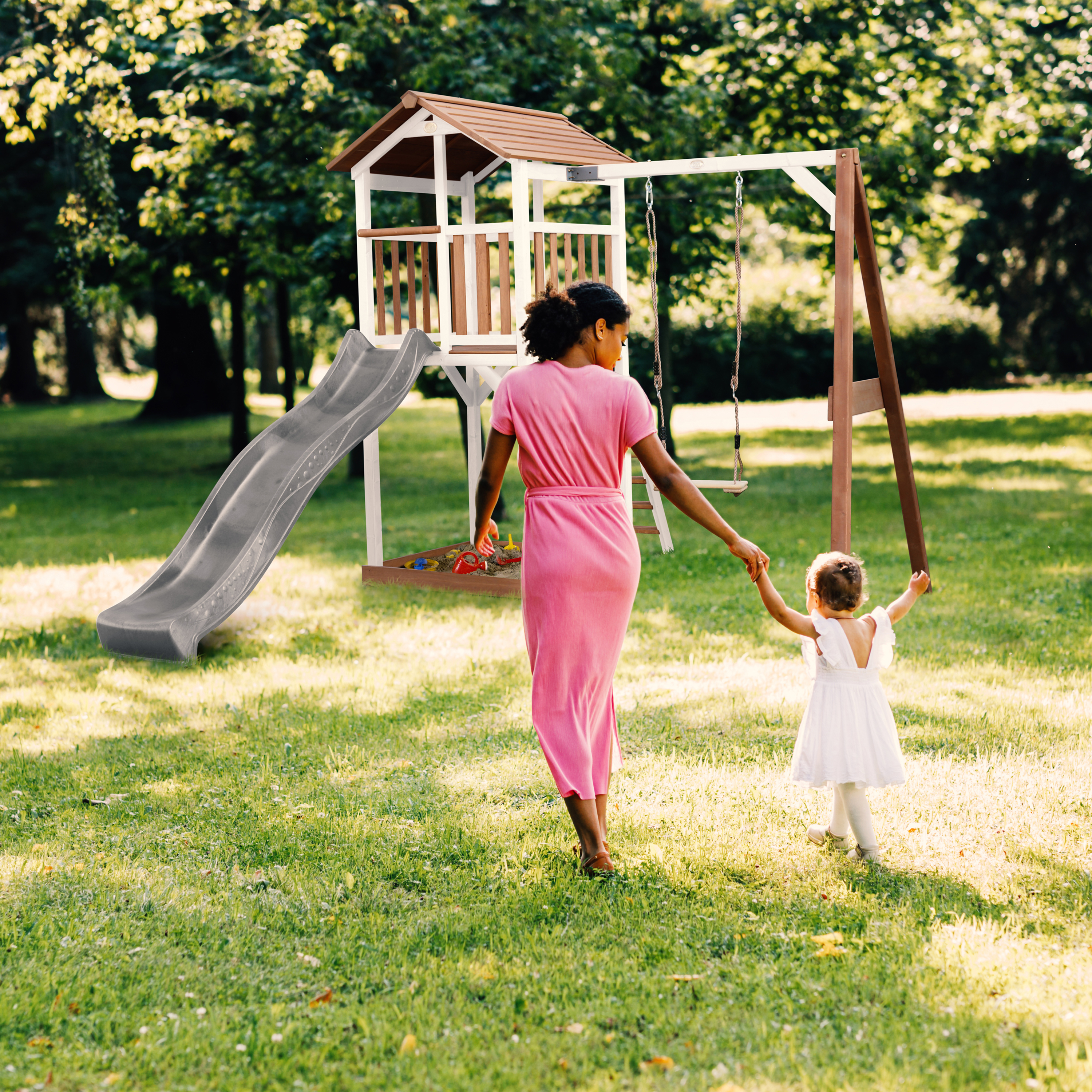 AXI Beach Tower with Single Swing Set Brown/White - Grey Slide