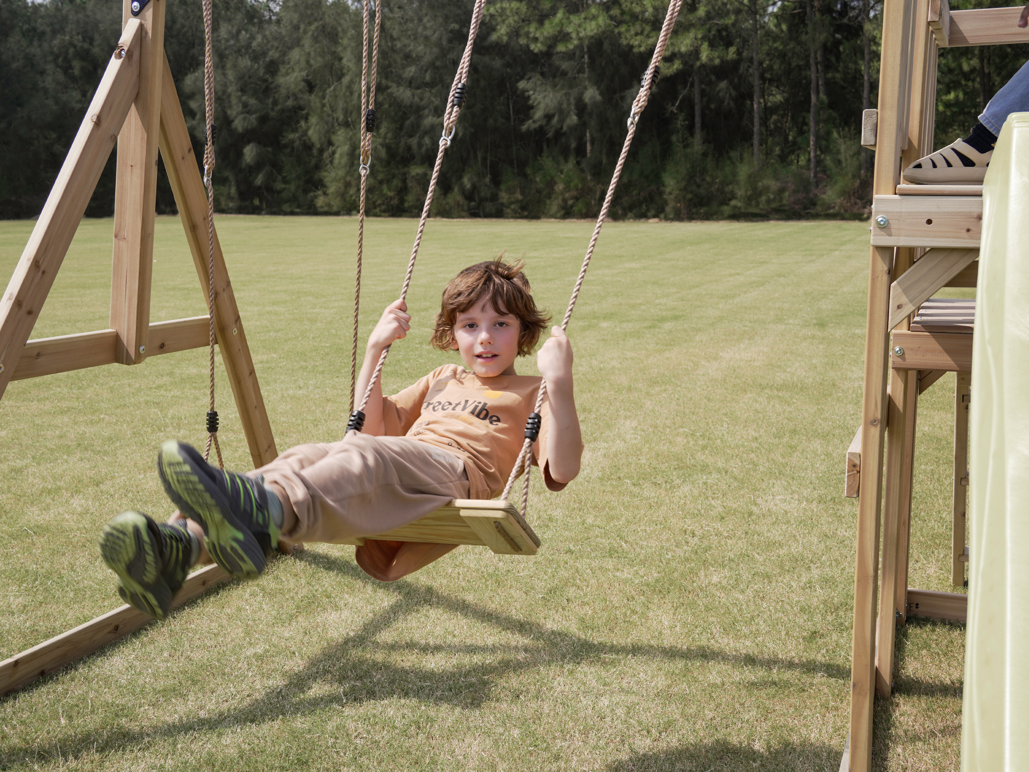 AXI Mette Climbing Frame with Double Swing Set and Picnic Table - Cream Slide