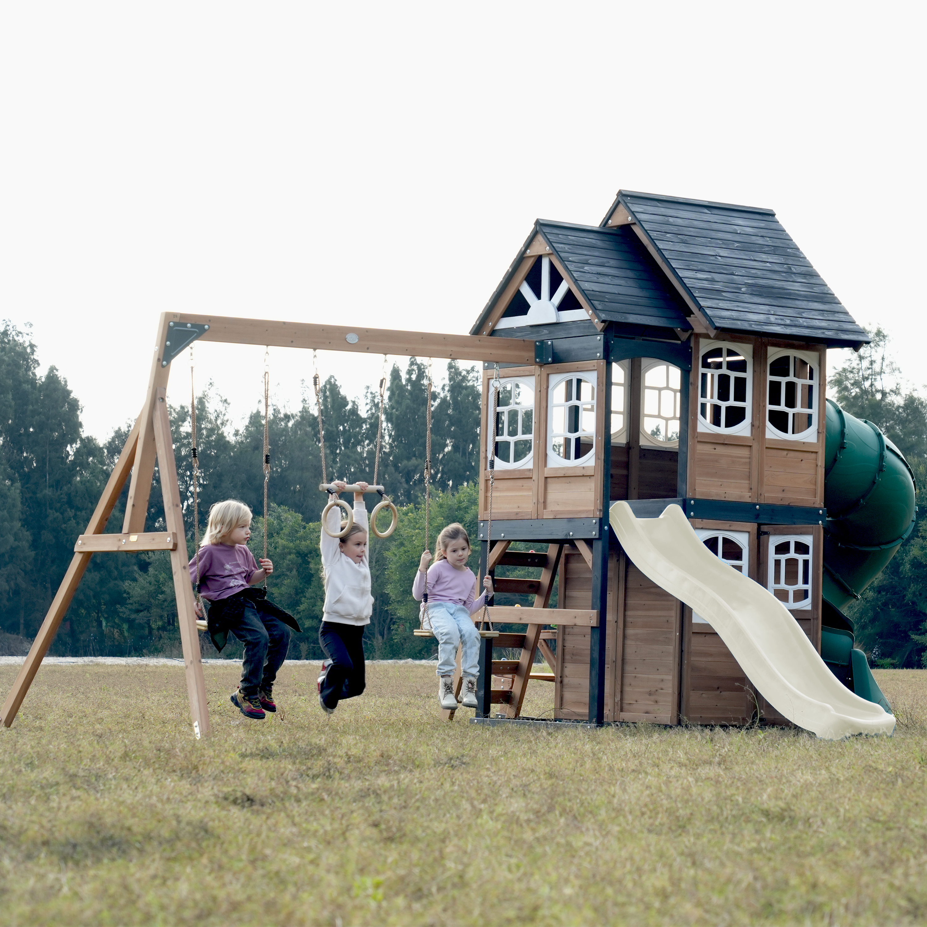 AXI Noud Climbing Frame with Playhouse. Swings. Trapeze and Climbing Wall – Cream Slide and Tube Slide