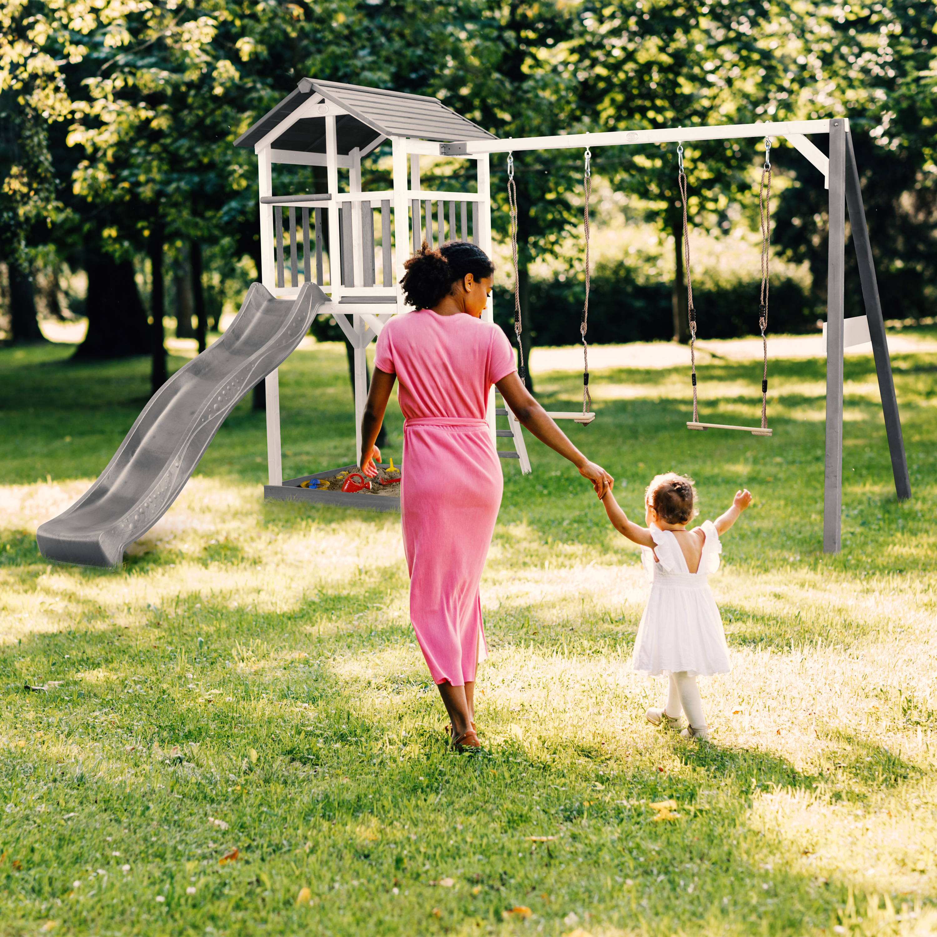 AXI Beach Tower with Double Swing Set Grey/White - Grey Slide
