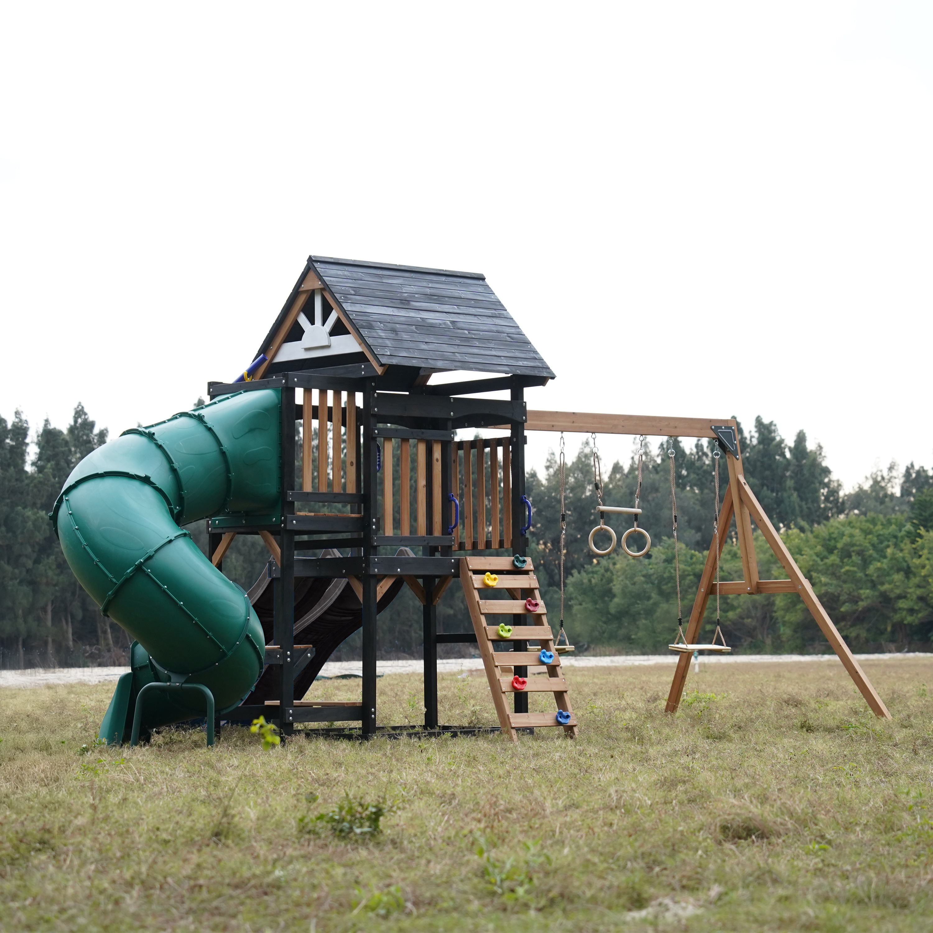 AXI Cody Climbing Frame with Swings. Trapeze and Climbing Wall – Grey Double Slide and Tube Slide