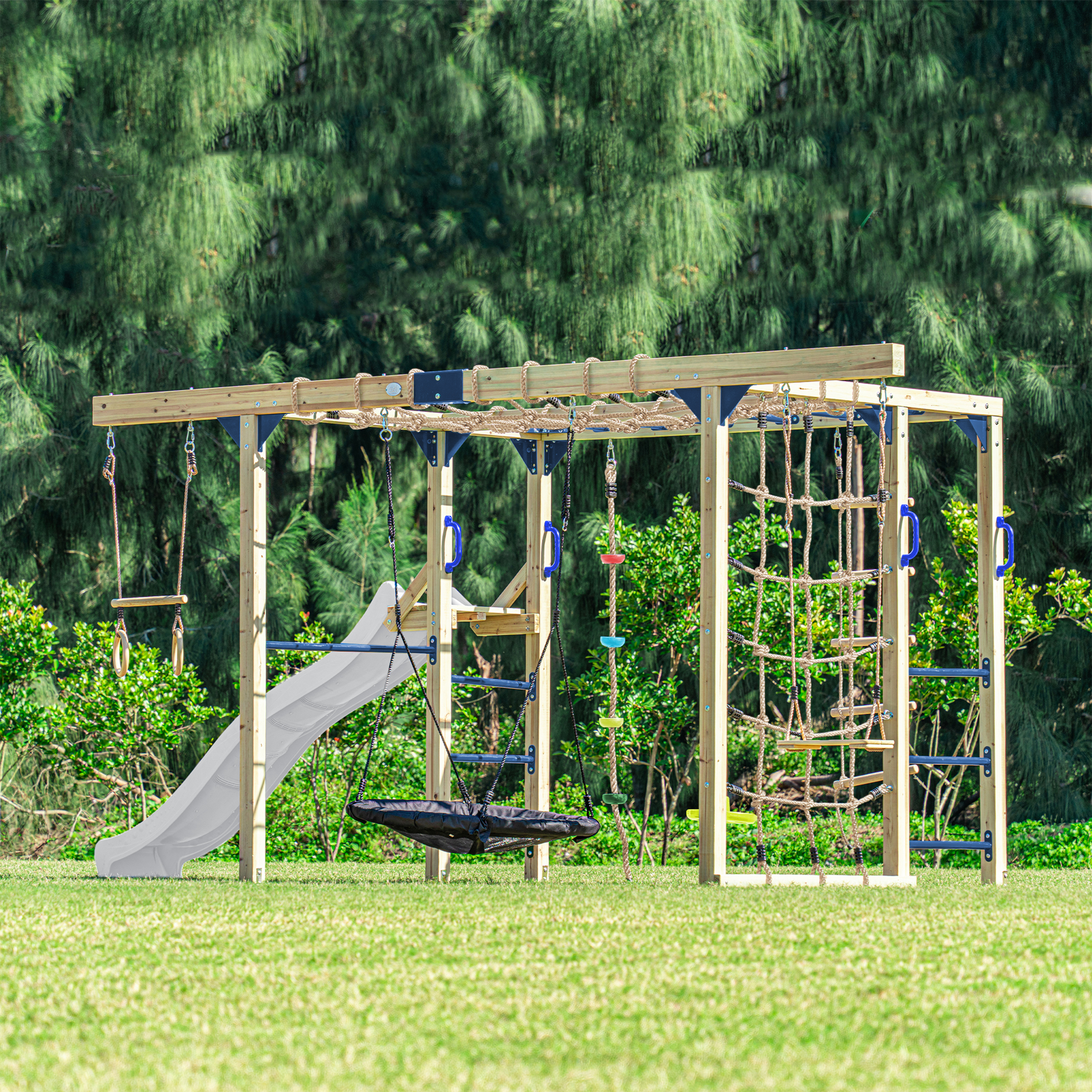 AXI Boris Wooden Playcentre with Swings, Trapeze, Climbing Nets and Monkey Bars – White Slide