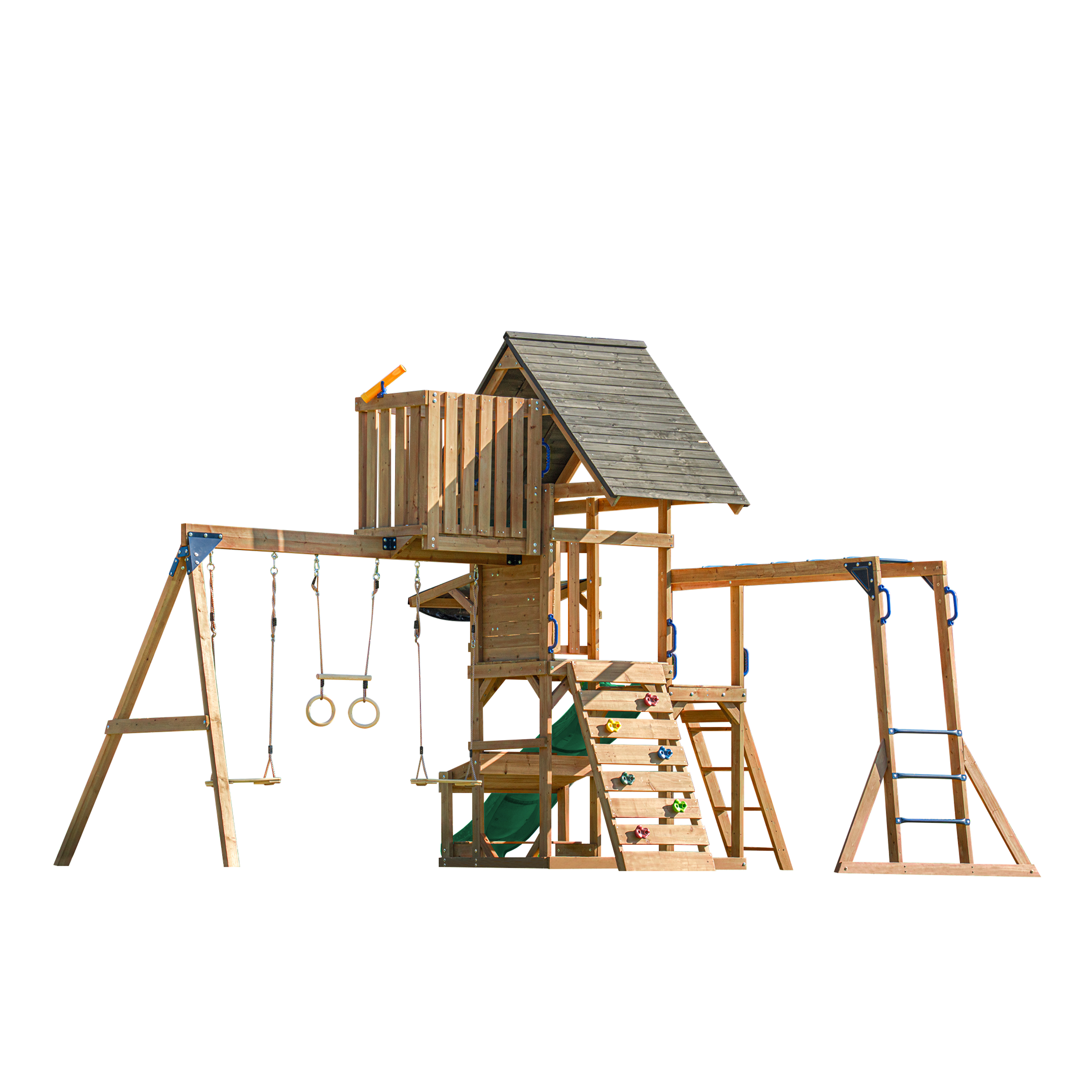 AXI Mitch Climbing Frame with Double Swing. Trapeze and Lookout Tower – Green Slide