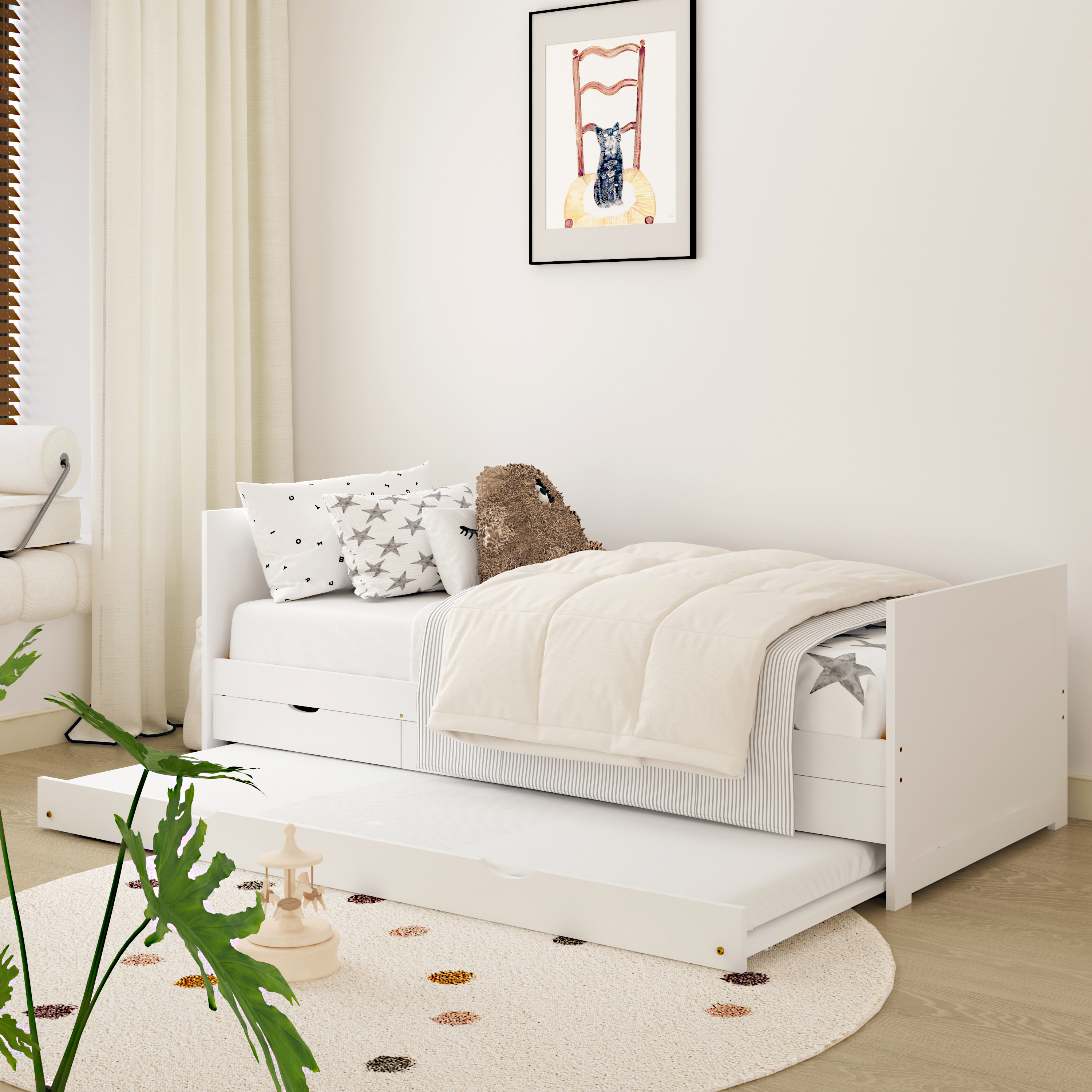 Sunny Eli Kids Bed with Trundle and 3 Storage Drawers White – Without Mattress