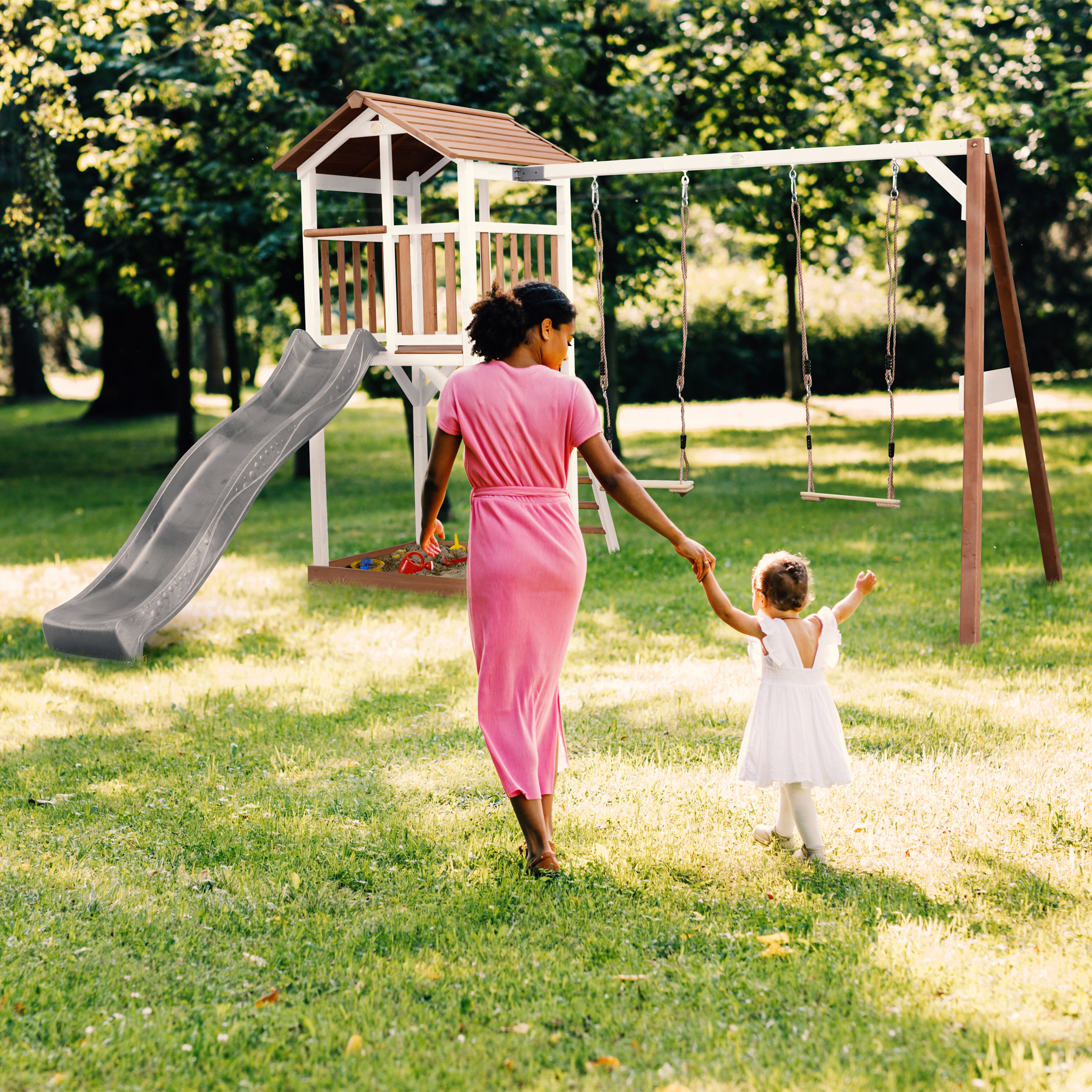 AXI Beach Tower with Double Swing Set Brown/White - Grey Slide