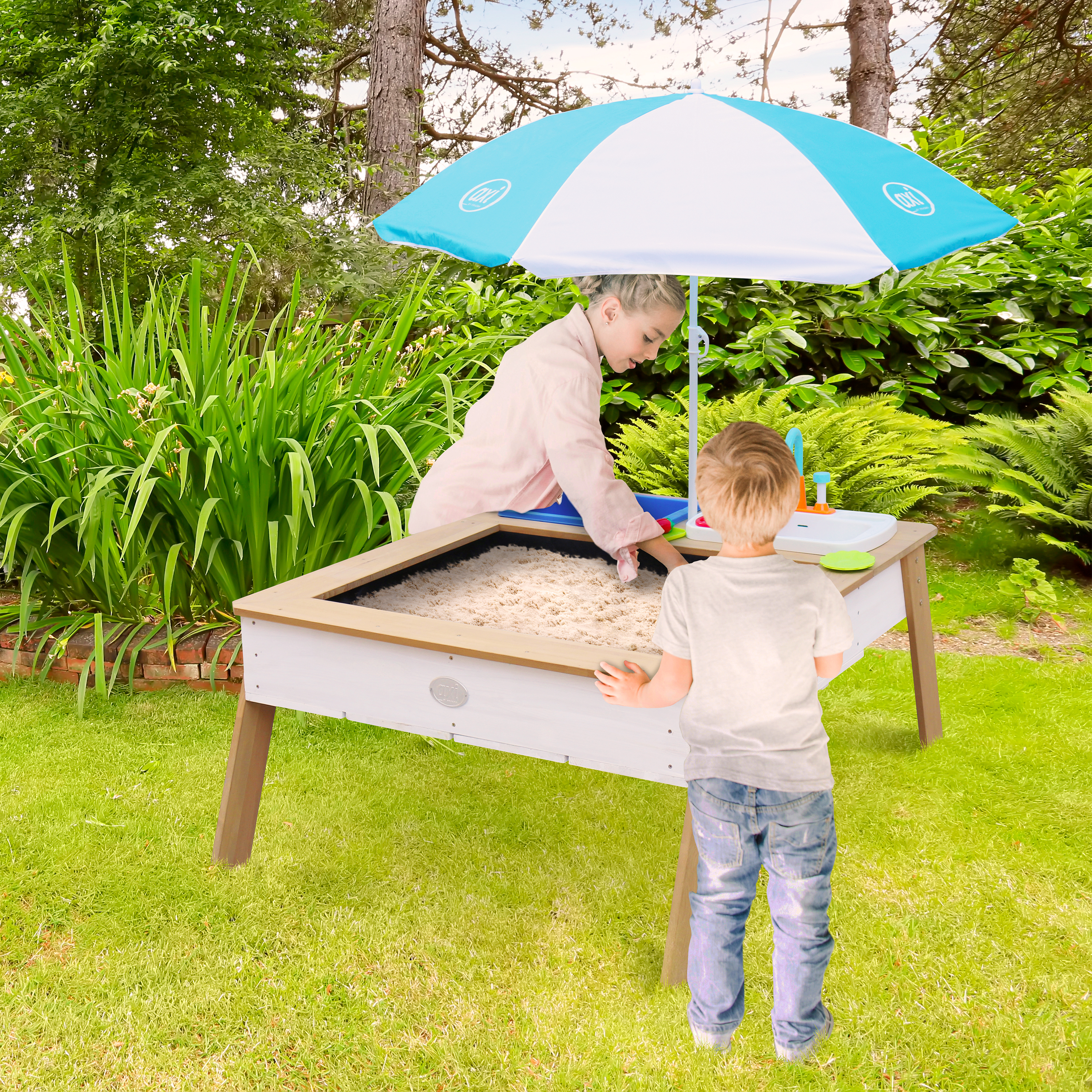 AXI Linda Sand & Water Table with Play Kitchen Sink Brown/White - Umbrella Blue/White