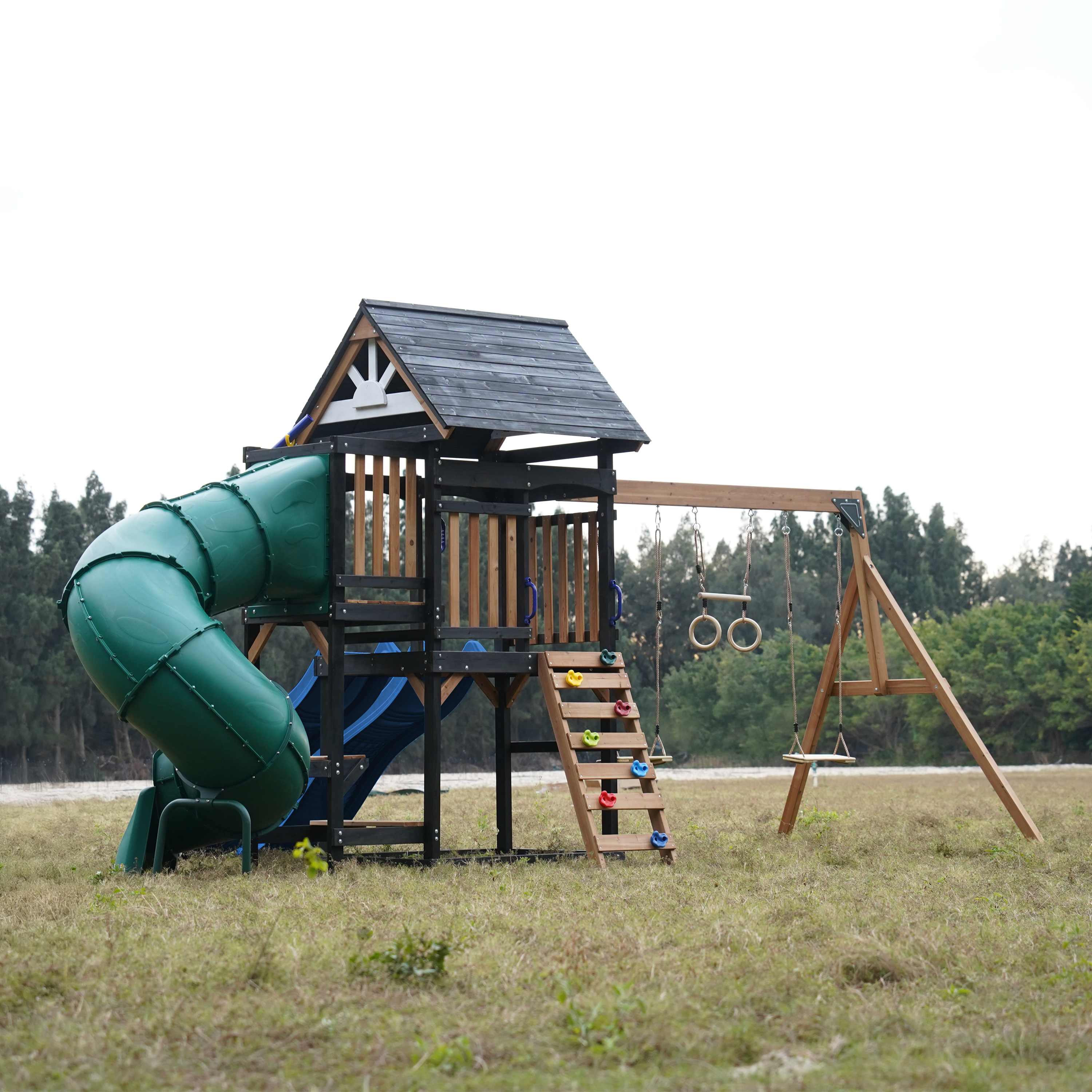 AXI Cody Climbing Frame with Swings. Trapeze and Climbing Wall – Blue Double Slide and Tube Slide