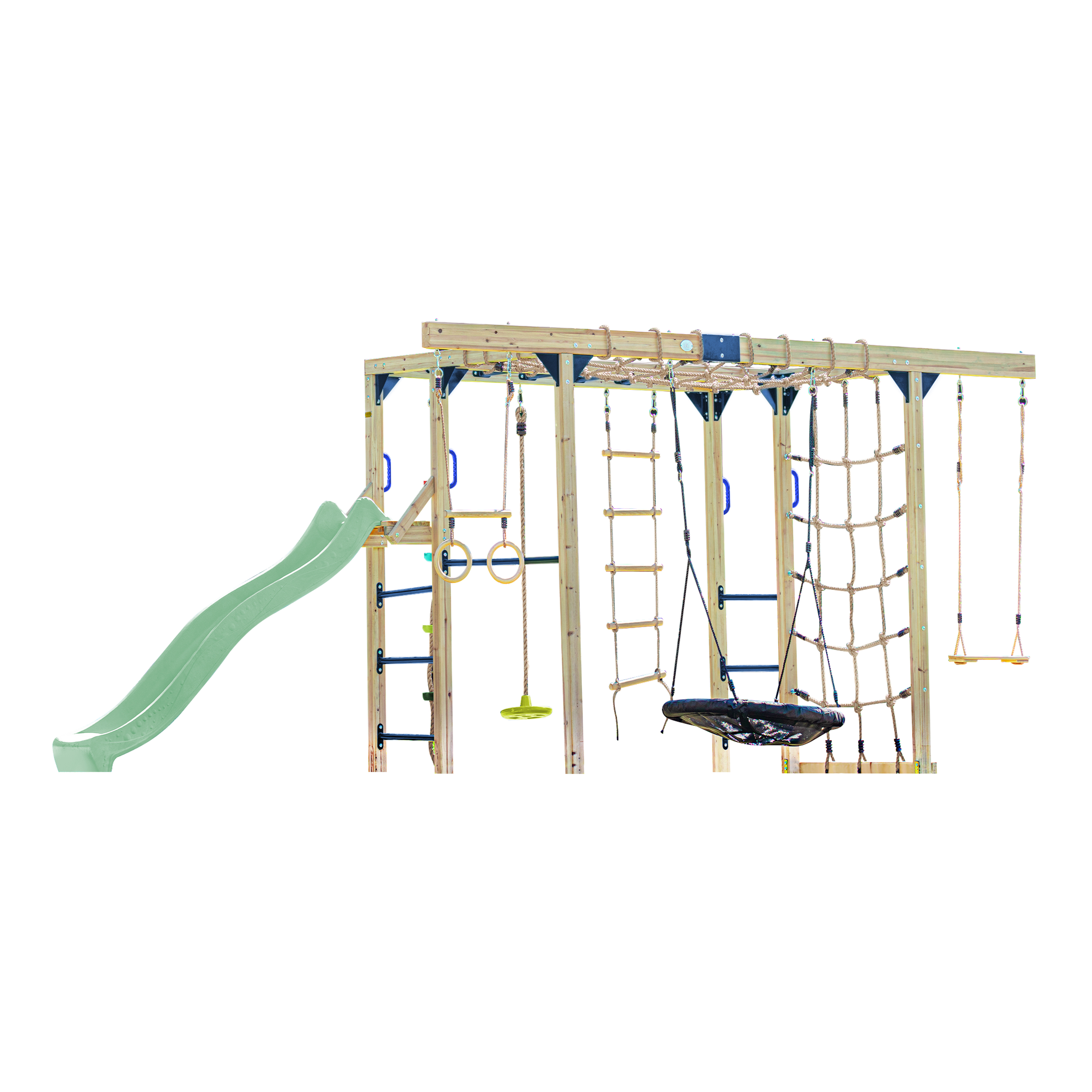 AXI Boris Wooden Playcentre with Swings, Trapeze, Climbing Nets and Monkey Bars – Pastel Green Slide