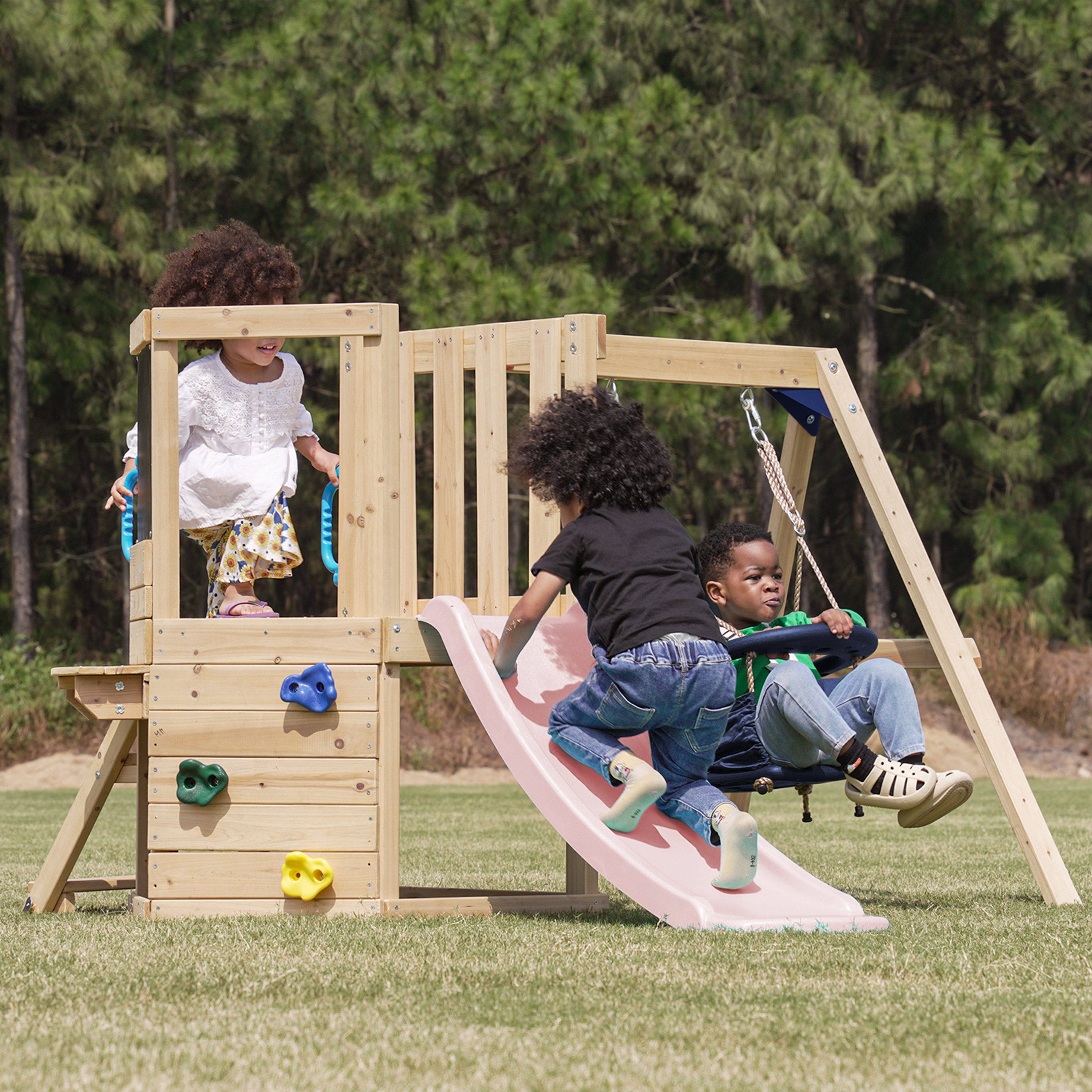 AXI Timo Mini Climbing Frame with Baby Swing. Climbing Wall and Chalkboard – Pastel Pink Slide