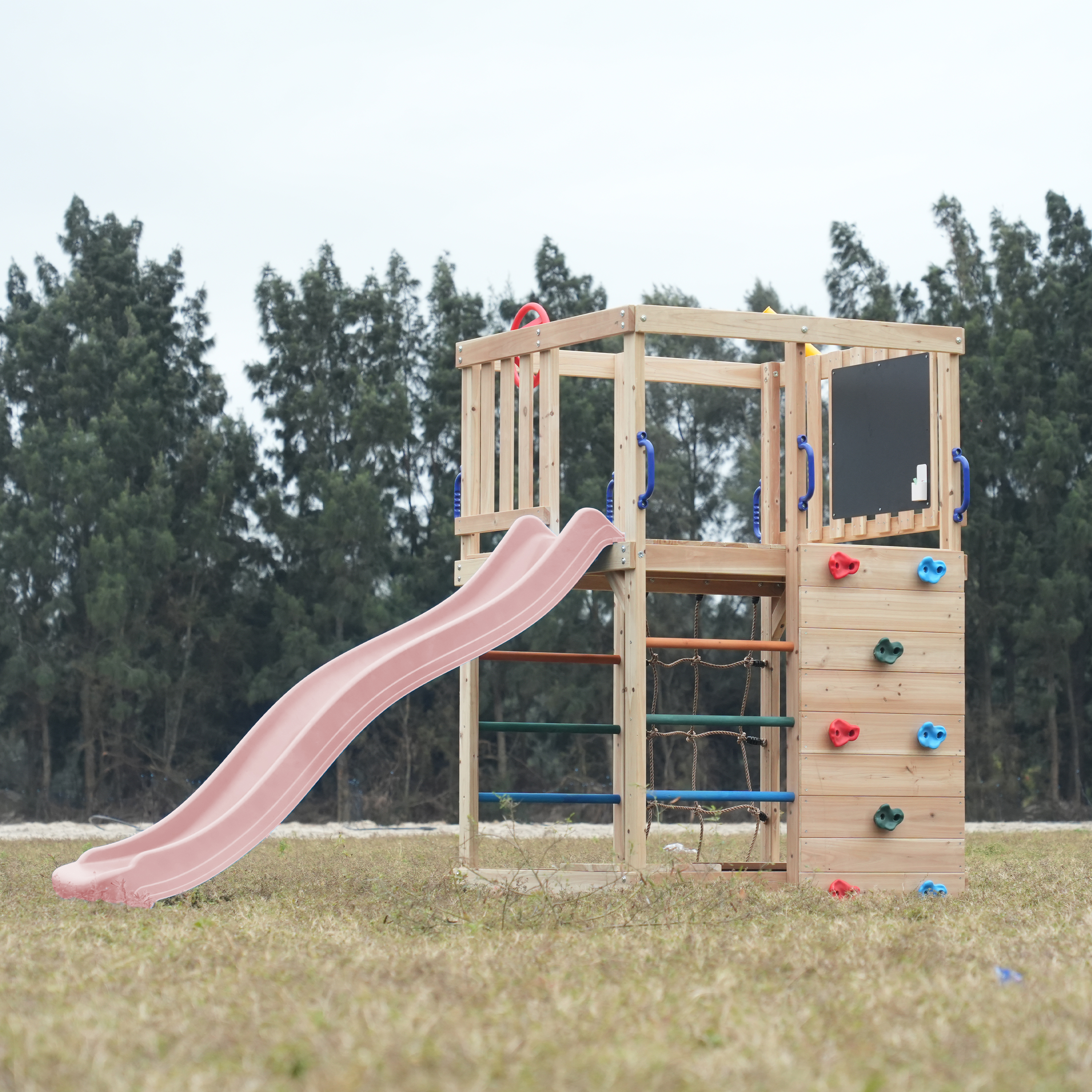 AXI Sam Climbing Frame with Climbing Wall. Climbing Net and Monkey Bars – Pastel Pink Slide