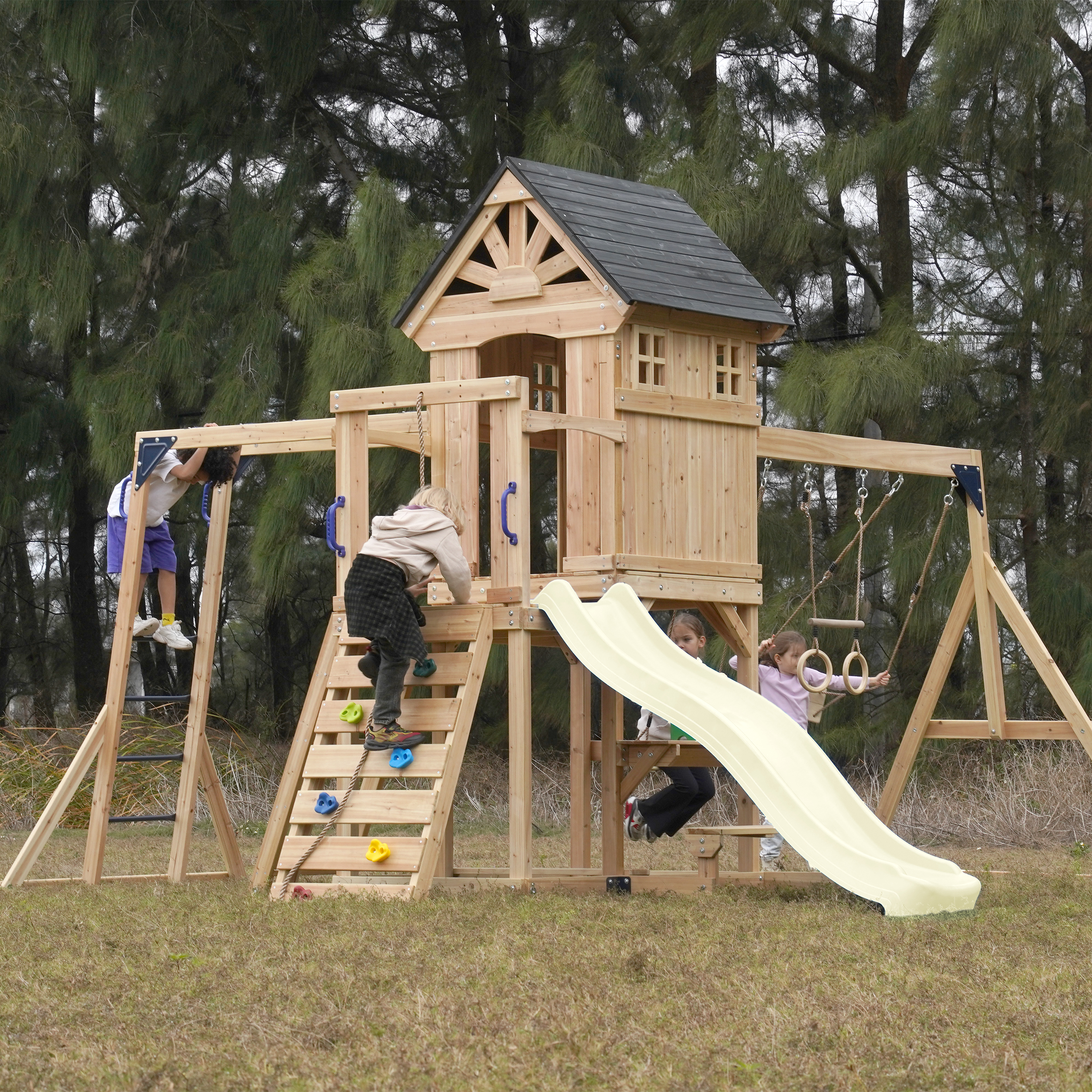 AXI Duncan Climbing Frame with Swings. Climbing Frames and Monkey Bars – Cream Slide